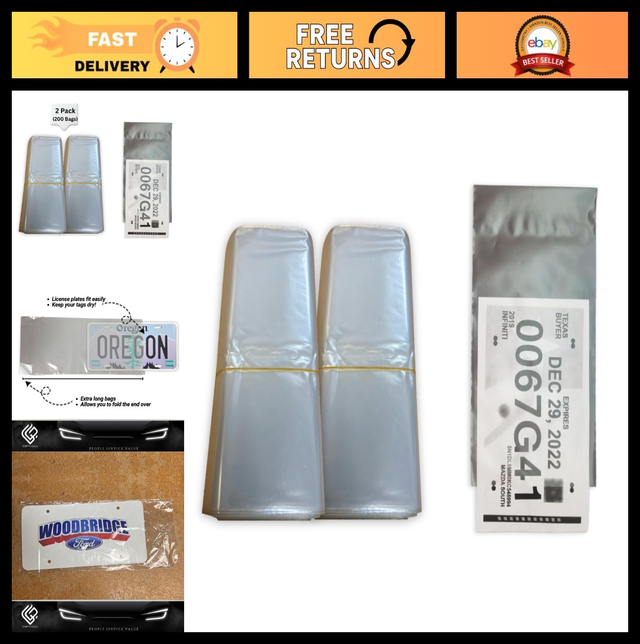 Temporary License Plate Tag Plastic Bags - 100 Count for Auto Dealerships (2 Pac0