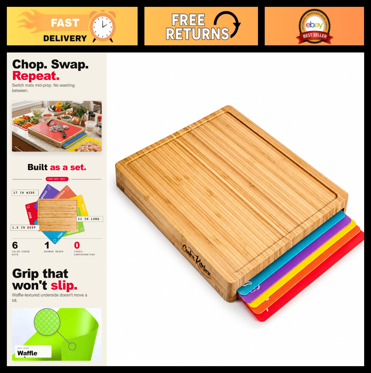 Bamboo Cutting Board Set with 6 Color-Coded Mats, Non-Slip, Easy Clean & Dishwas0