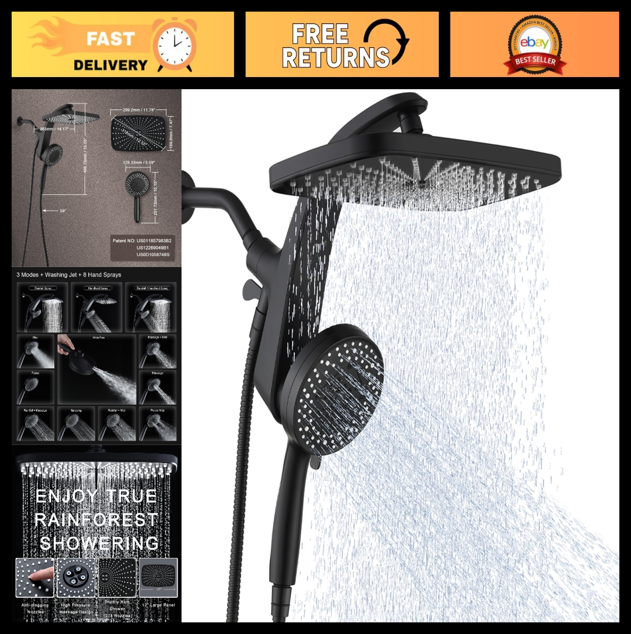 12" High Pressure Rain Shower Head & Handheld Combo, 9 Spray Settings, Magnetic0