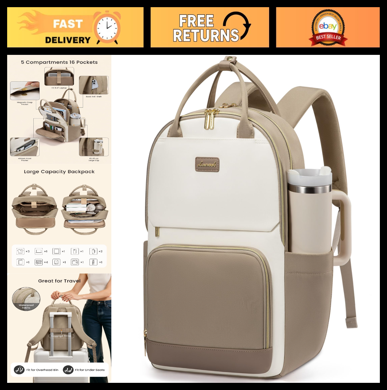 Stylish Women's Laptop Backpack with Tumbler Holder, 15.6" Waterproof Travel Bag0