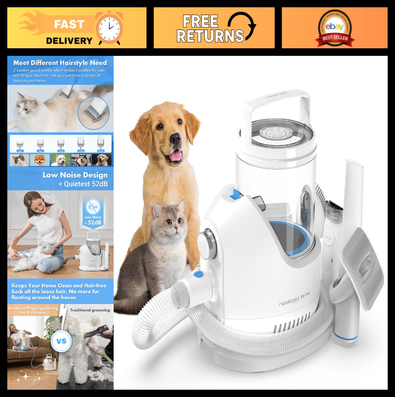 Dog Grooming Kit with Vacuum Suction, 5 Tools, 99% Hair Removal, 2L Dustbin0