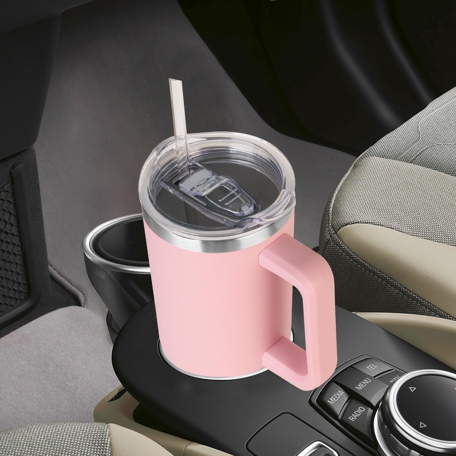 40 oz Insulated Tumbler with Handle & Straw   Leak Proof, Travel Mug, Hot/Cold C1