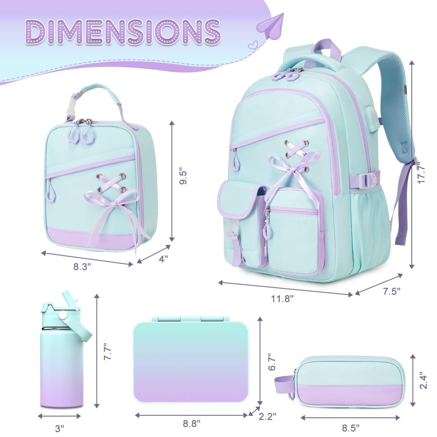 Girls Backpack Set 9PCS with Lunch Bag, Pencil Case, Bento Box & Water Bottle  2