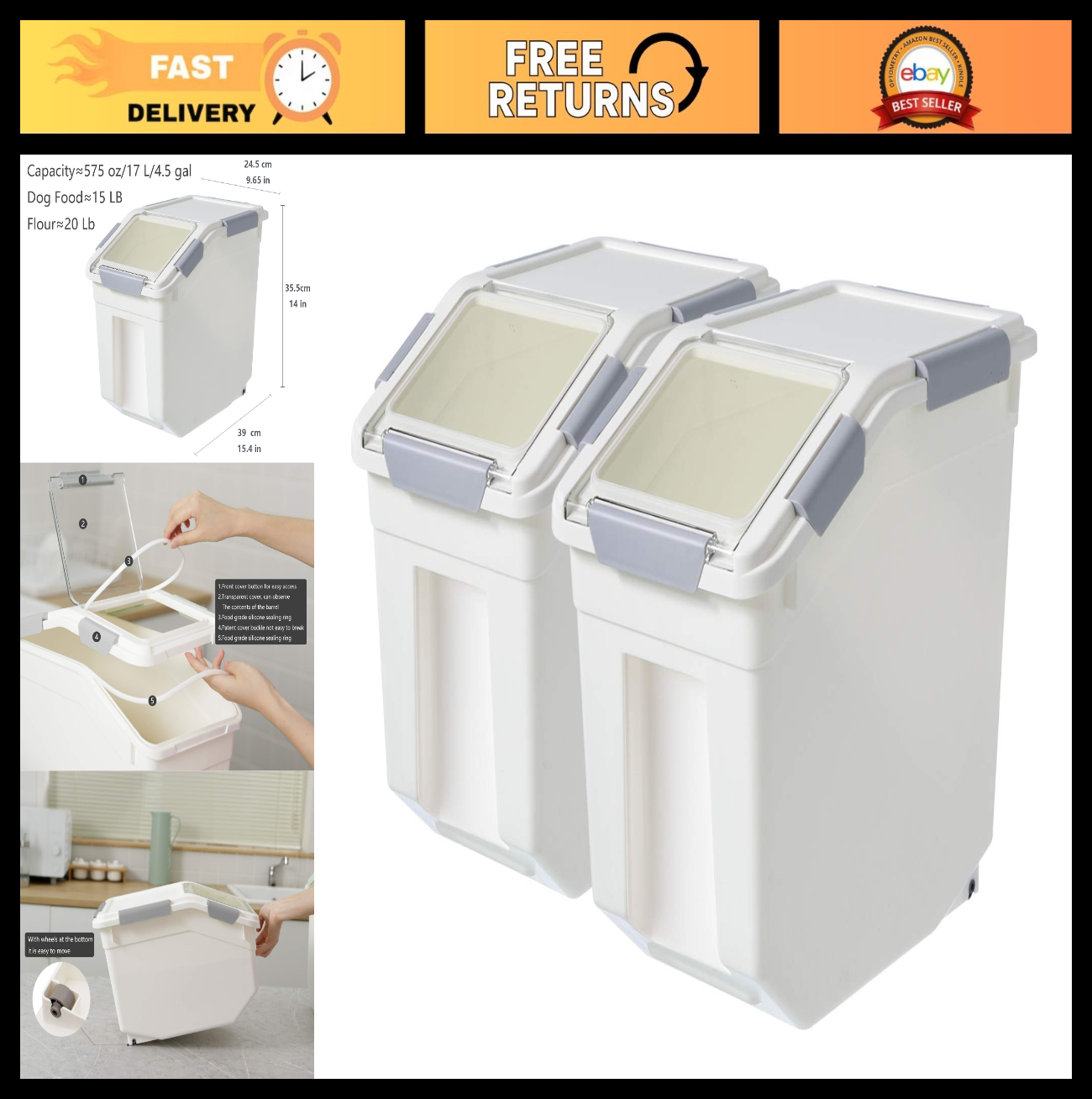 2 Pack Airtight Dog Food Storage Containers with Scoop - Pet Treats & Dry Food B0