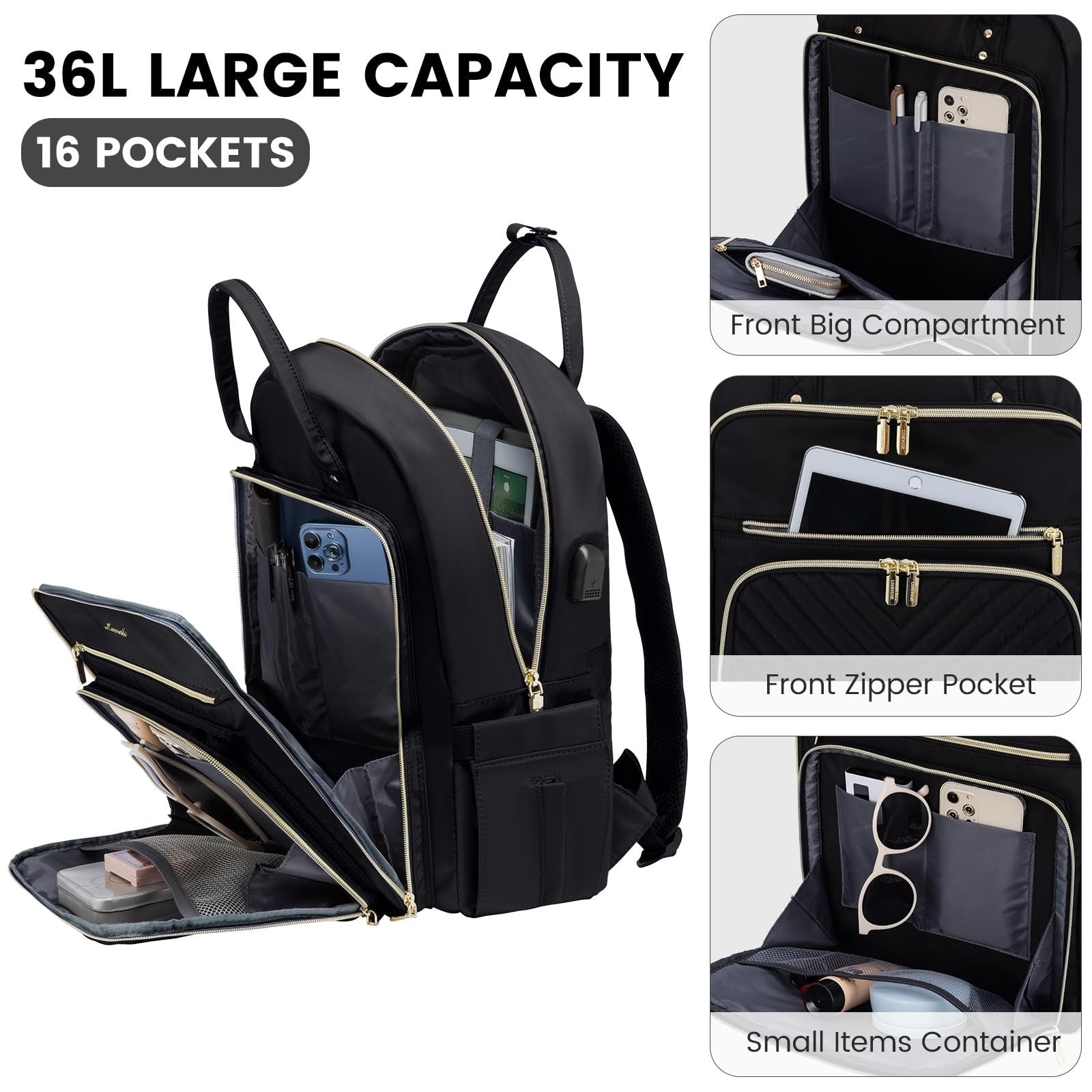Stylish Water Resistant Laptop Backpack for Women, USB Charging, Travel Work Bag3