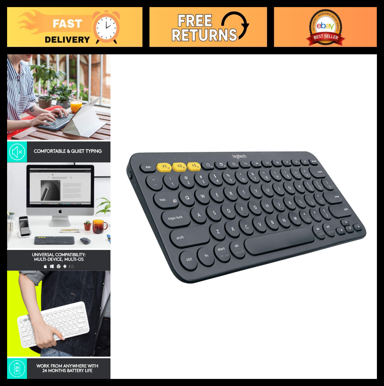 Multi-Device Bluetooth Keyboard, FLOW Cross-Computer Control, Easy-Switch 3 Devi0