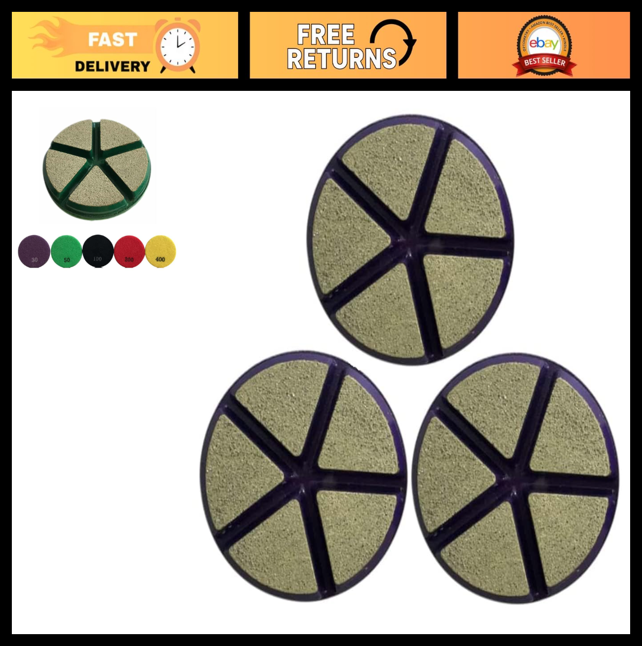 3" Ceramic Diamond Polishing Pads - #30 Grit, Wet/Dry, Fast Scratch Removal, 3-P0