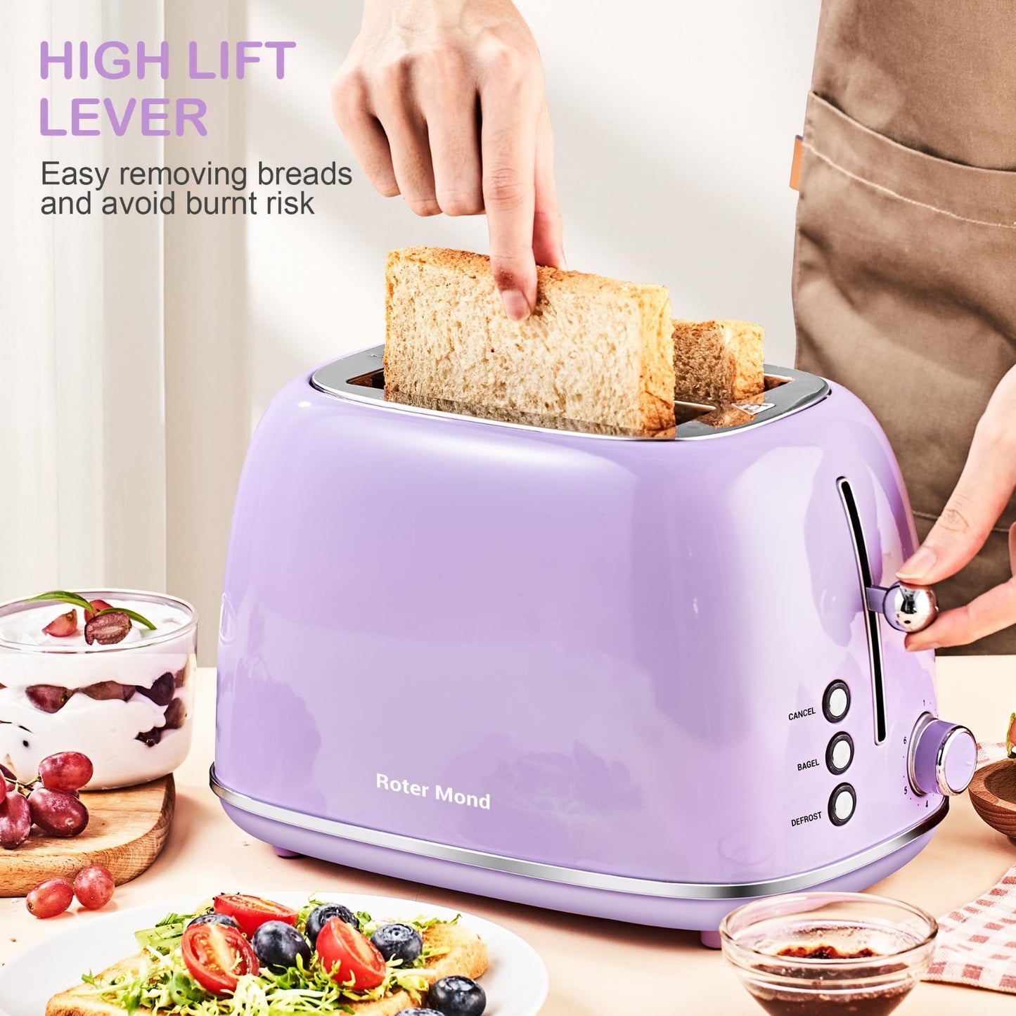 Retro Stainless Steel 2 Slice Toaster with Bagel, Cancel, Defrost, 6 Shade Setti6