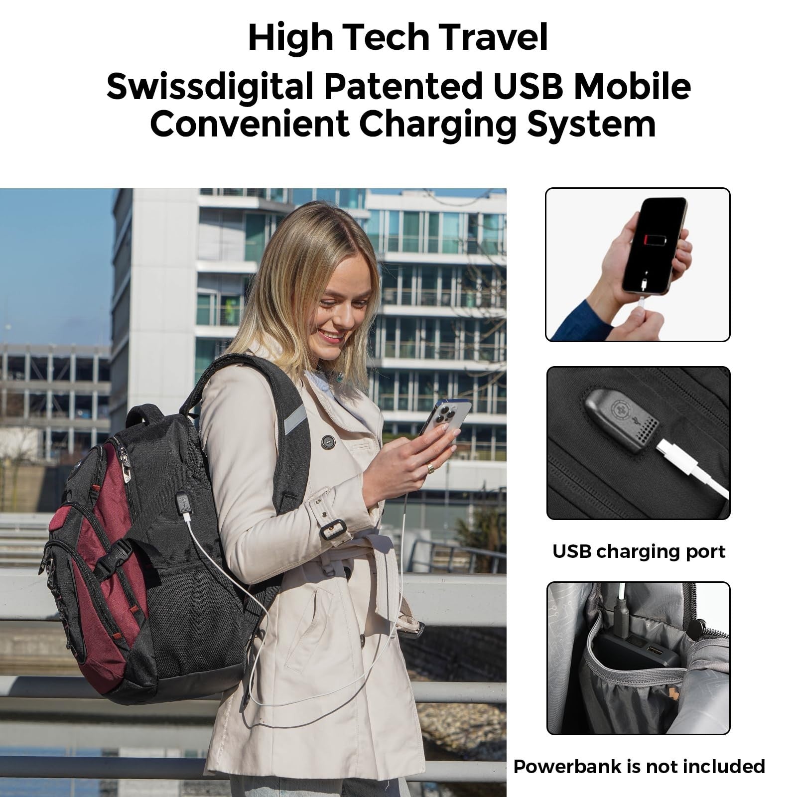 Stylish Travel Laptop Backpack with USB Charging, Fits 15.6" Computer, 31L, Red/2