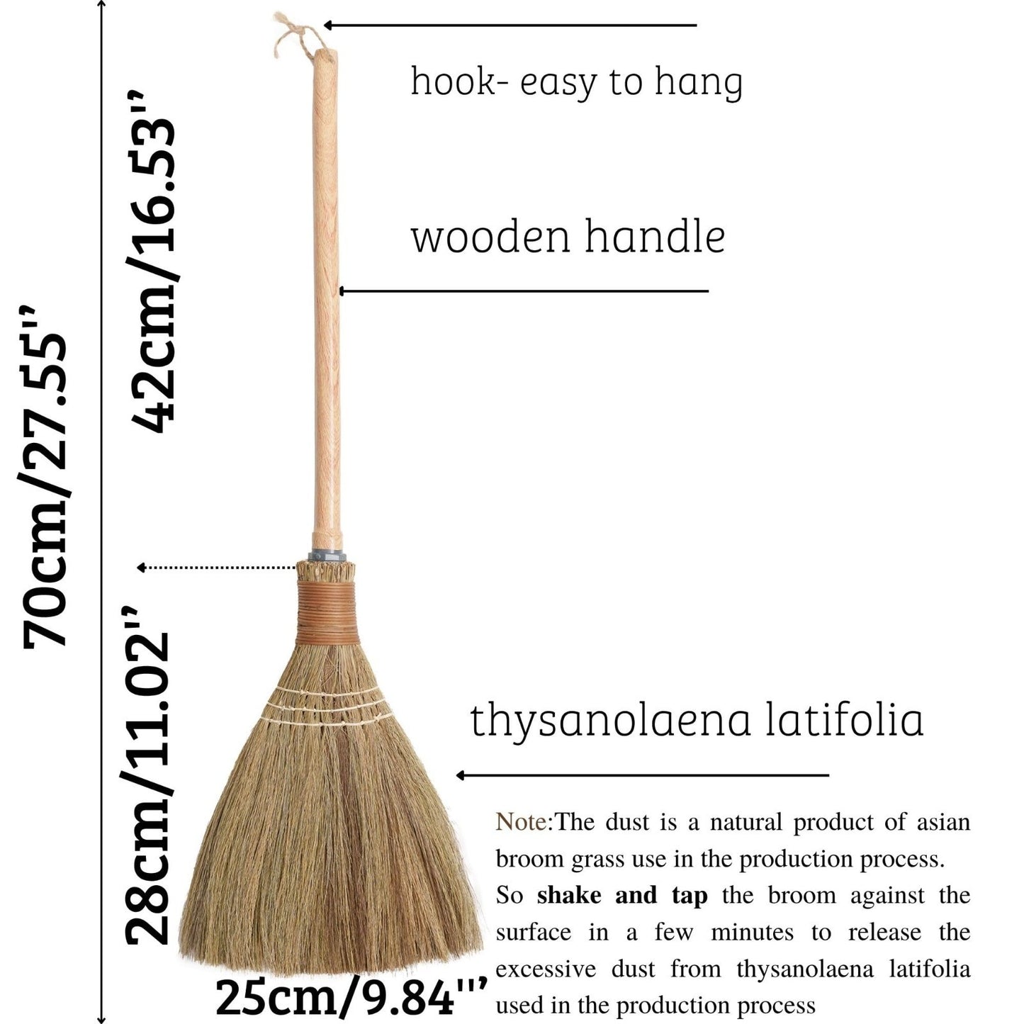 Natural Handheld Broom - Vietnamese Straw Whisk for Indoor/Outdoor Cleaning - 9.2