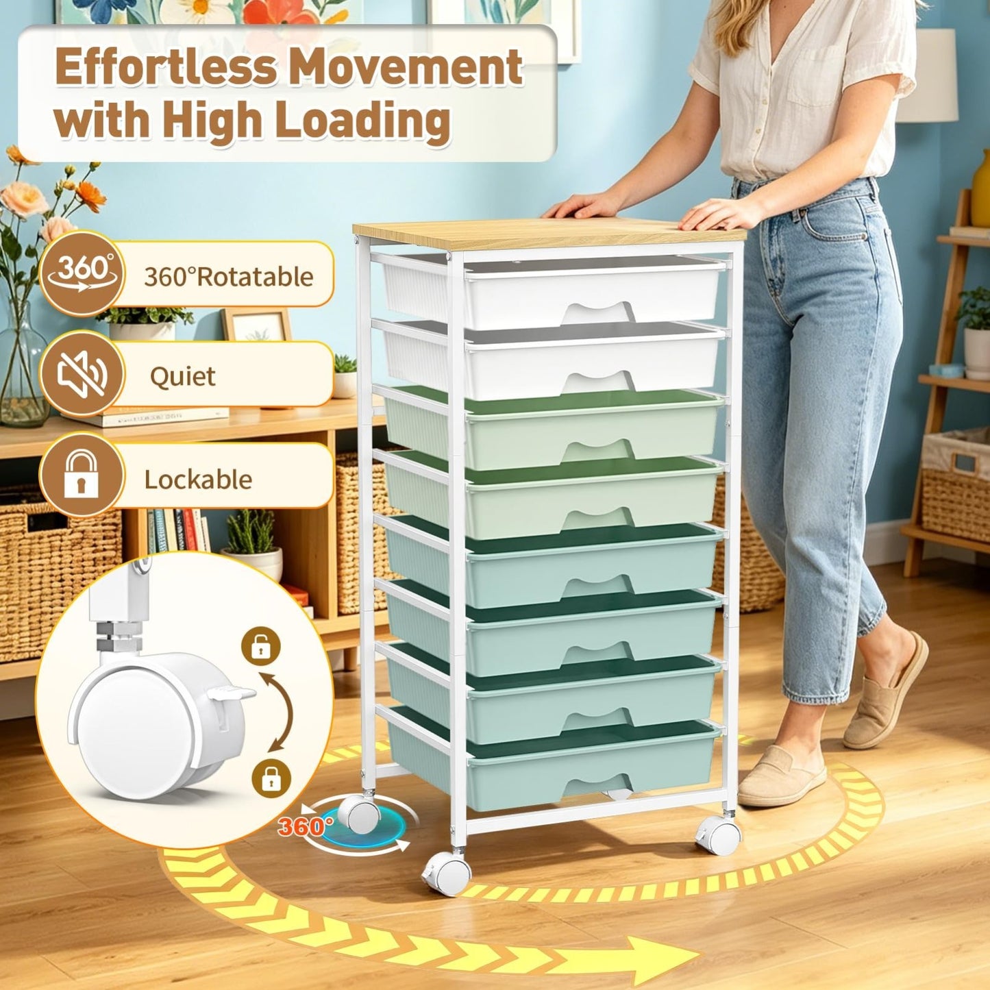 8 Drawer Rolling Storage Cart with Wooden Top & Lockable Wheels   Craft & Office5
