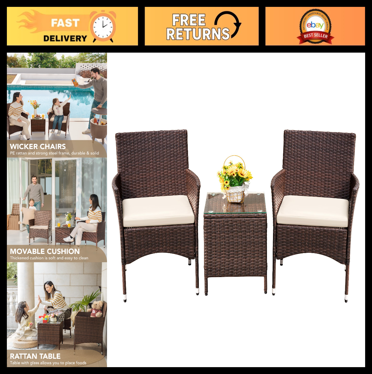 3 Piece Outdoor Wicker Patio Furniture Set   Rattan Table & Chairs for Garden, B0
