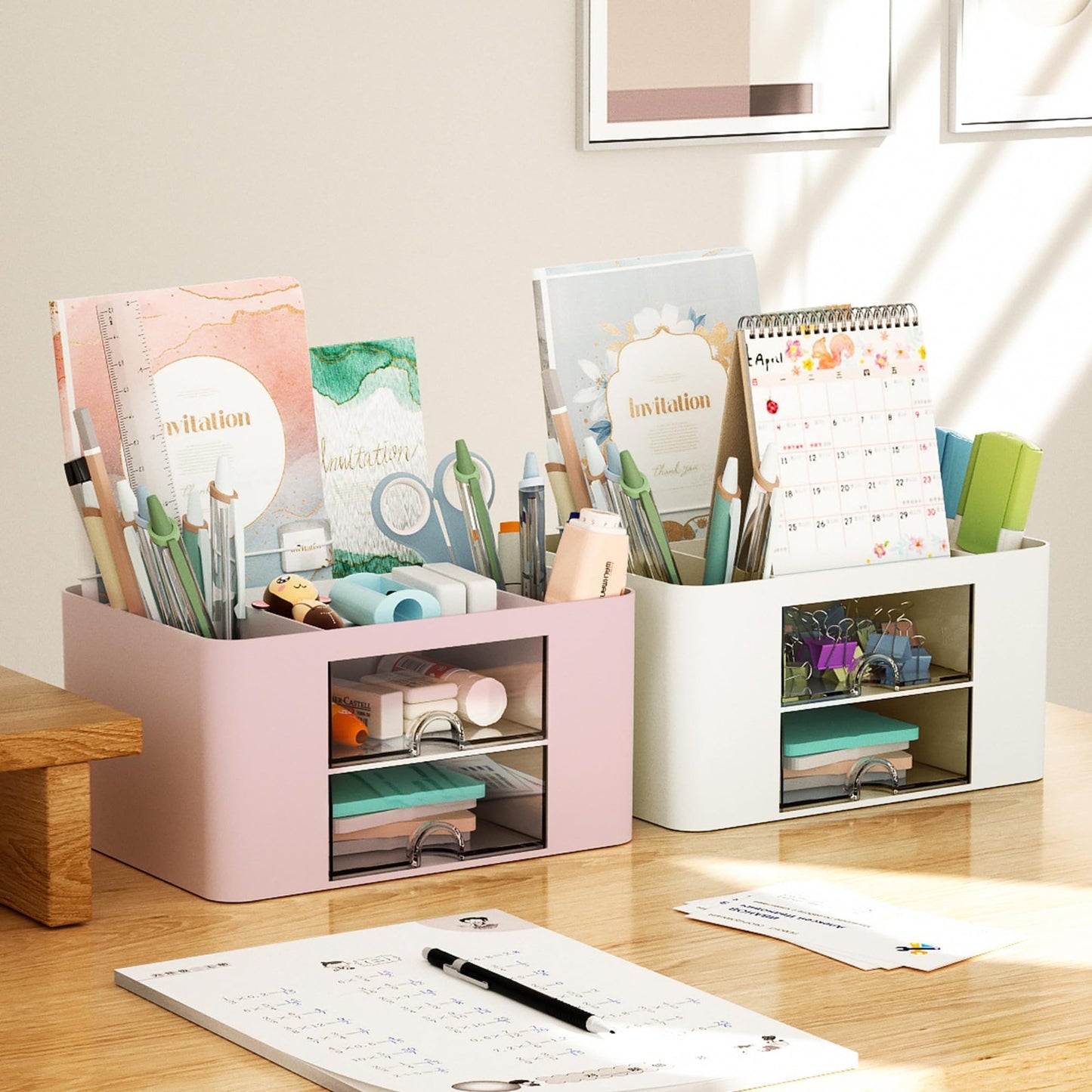 Multi Functional Desk Organizer with 2 Drawers, 5 Compartments for Office Suppli4