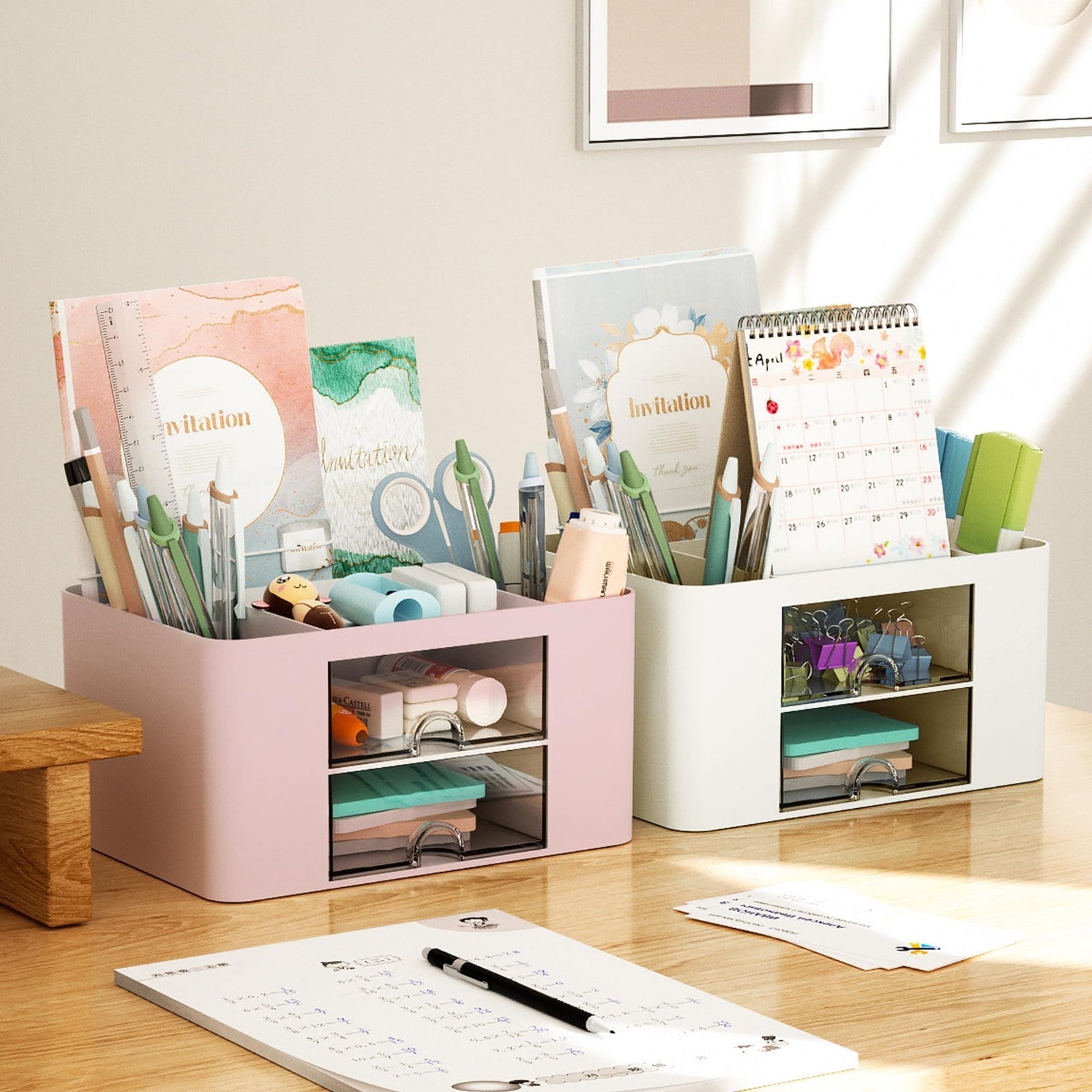 Multi Functional Desk Organizer with 2 Drawers, 5 Compartments for Office Suppli4