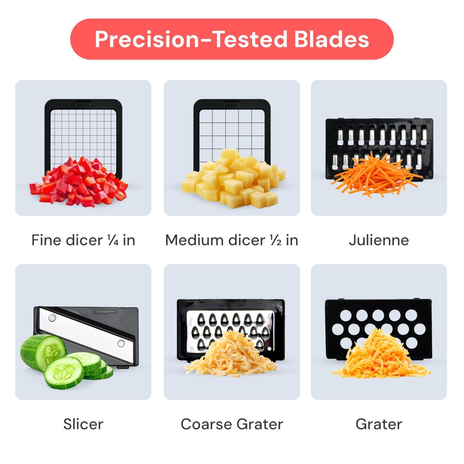 6 in 1 Vegetable Chopper & Mandoline Slicer | Sharp Stainless Steel Blades, All 4