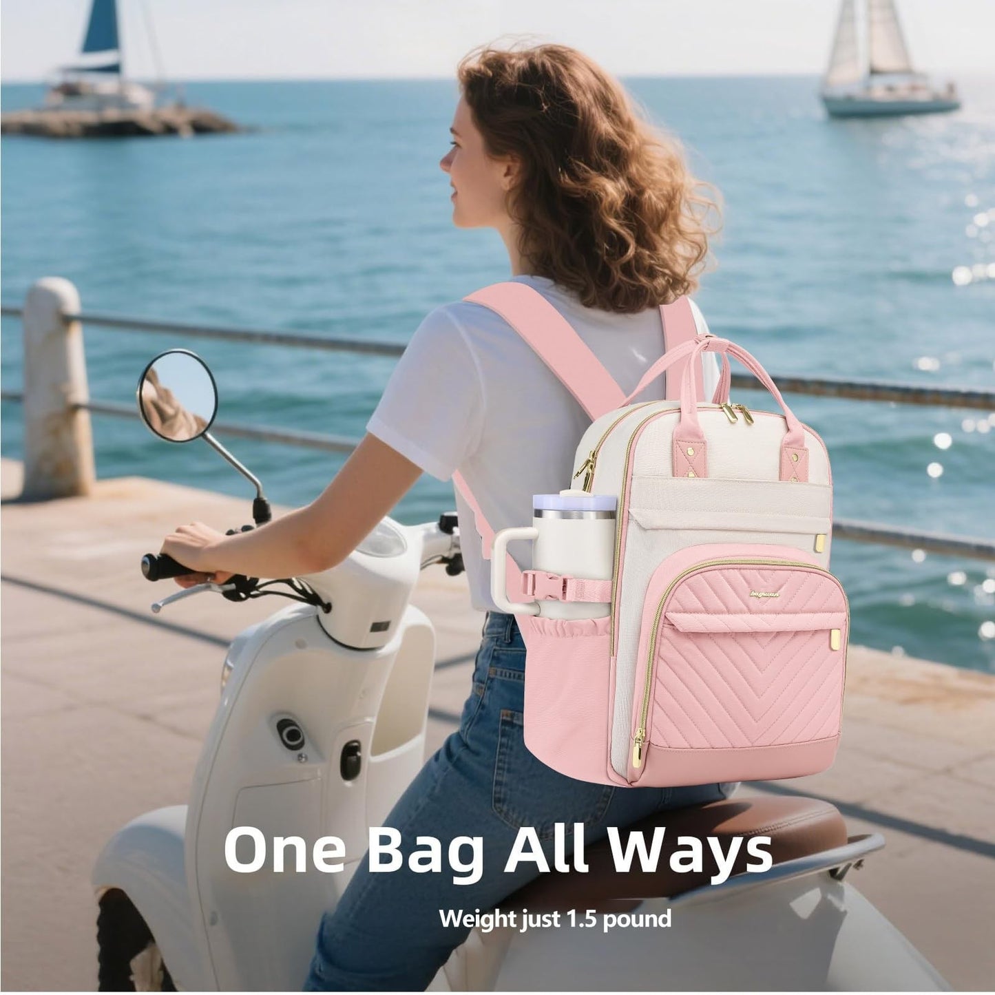 Stylish Laptop Backpack for Women   15.6" College Bookbag with Large Tumbler Poc1