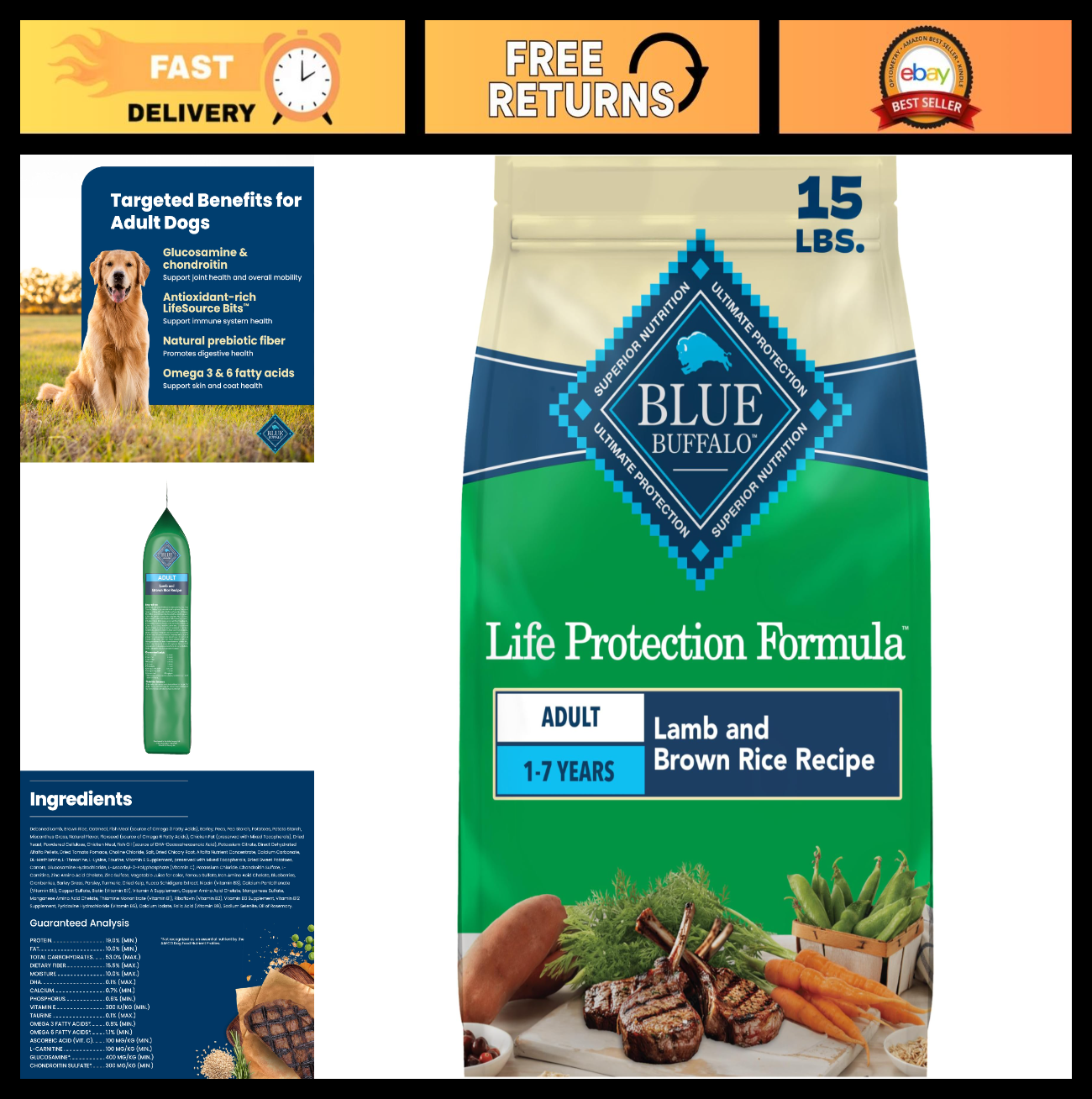 Lamb & Brown Rice Adult Dry Dog Food   15 lb, Life Protection Formula, Healthy N0