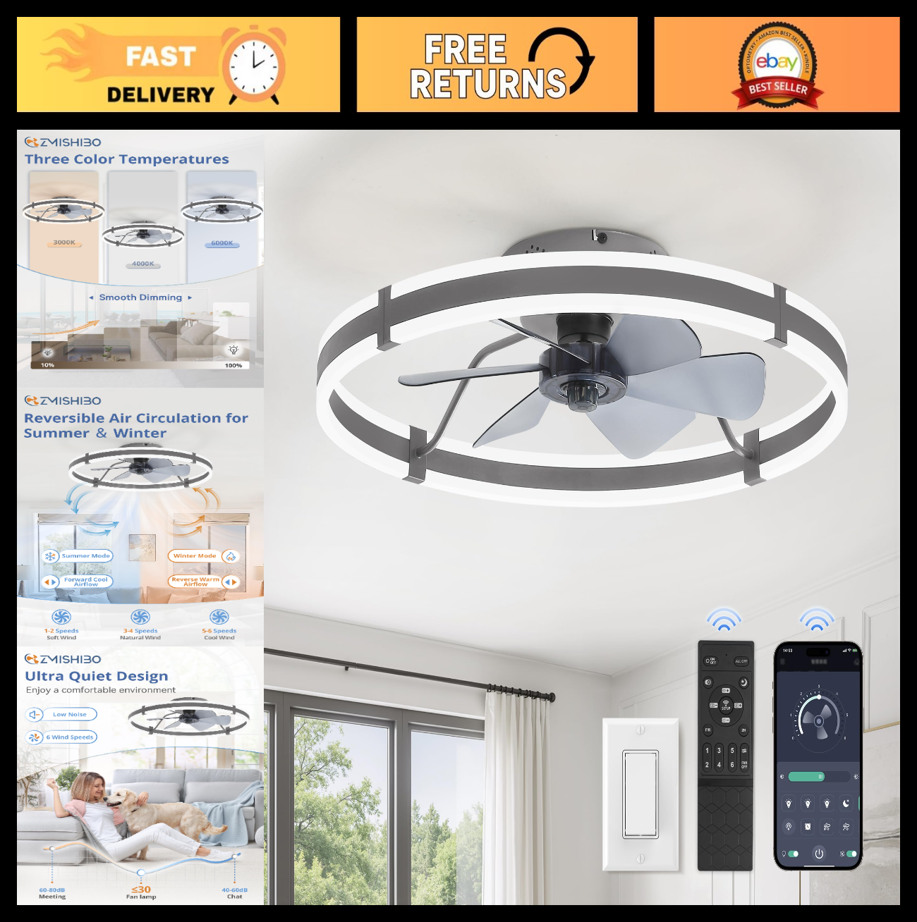 Low Profile 24'' Ceiling Fan with Lights, Remote Control, Dimmable LED, Quiet Mo0