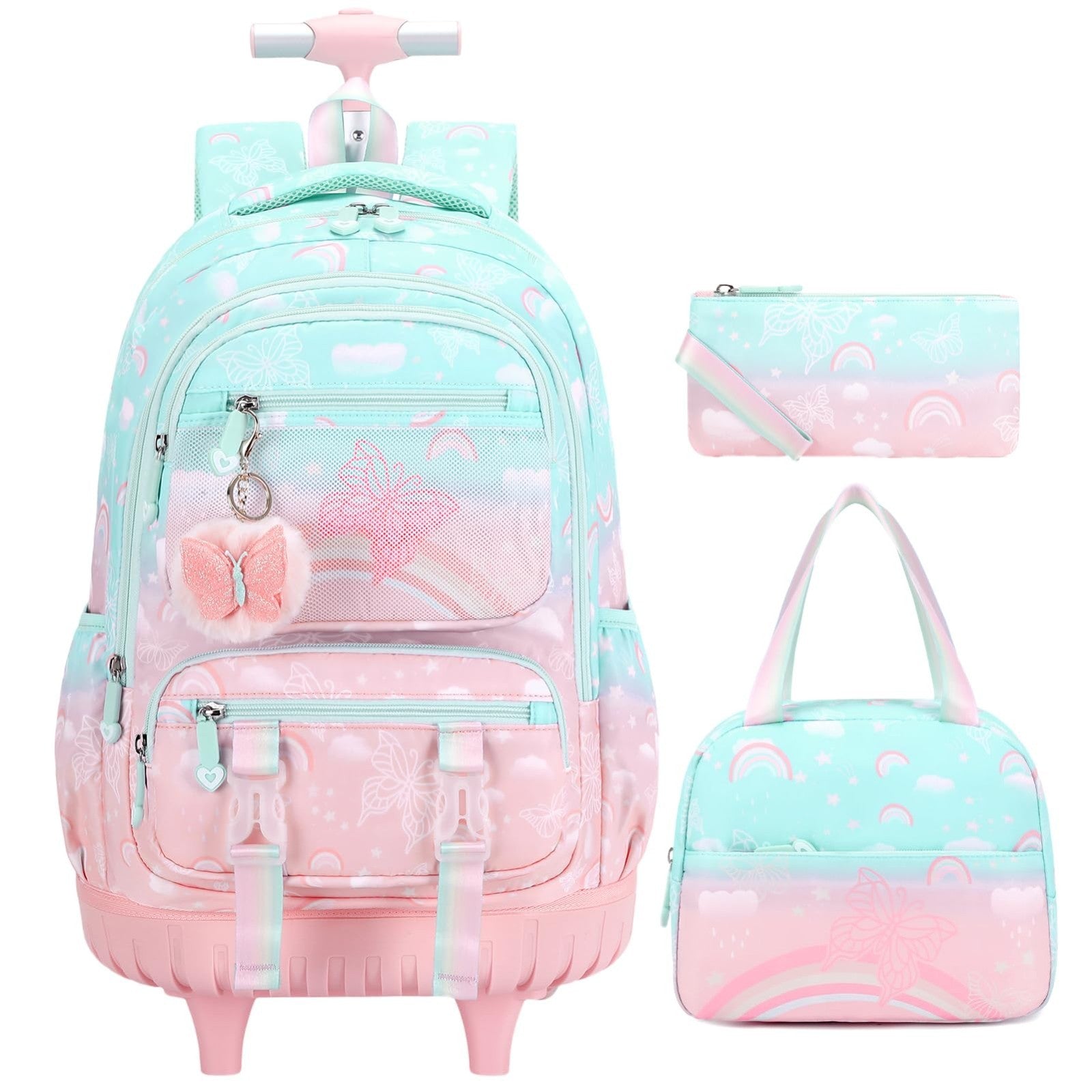 Rainbow Butterfly Rolling Backpack Set for Girls with Lunch Box   3PCS (Green Pi1