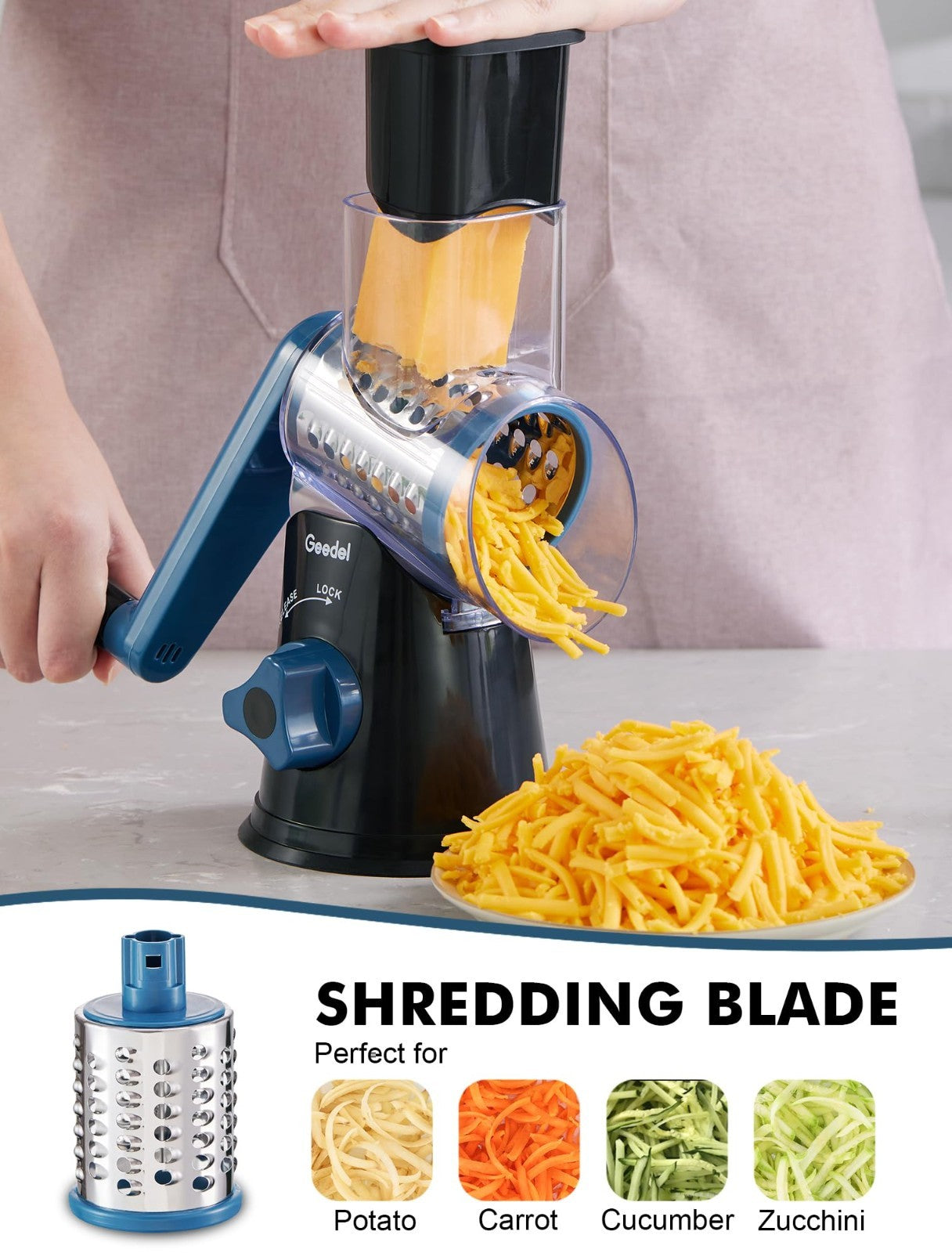 Rotary Cheese Grater & Vegetable Slicer   3 Blades, Easy Clean, Suction Base, BP5