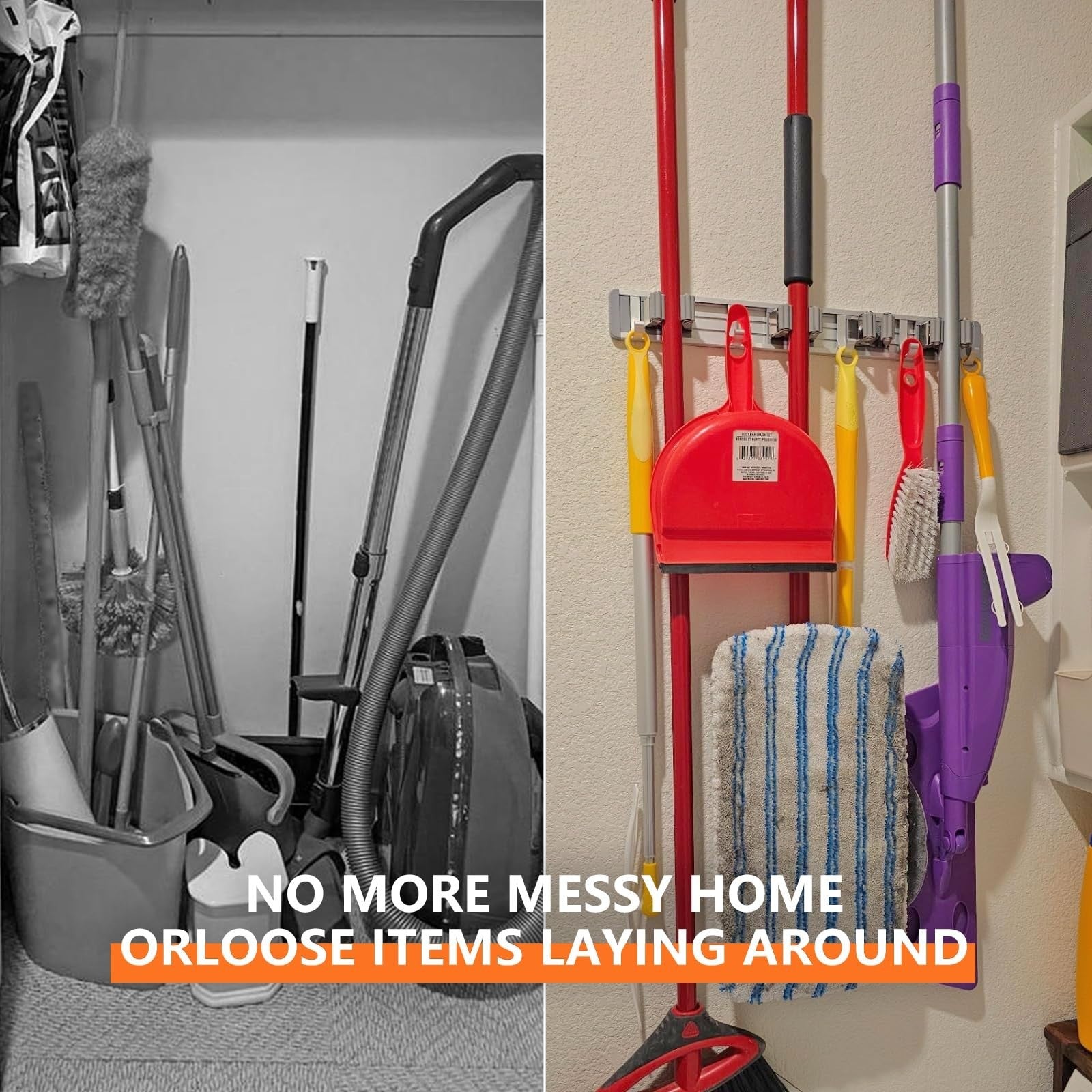 Wall Mount Broom Holder & Mop Organizer - 5 Racks & 4 Hooks, Space-Saving Tool S4