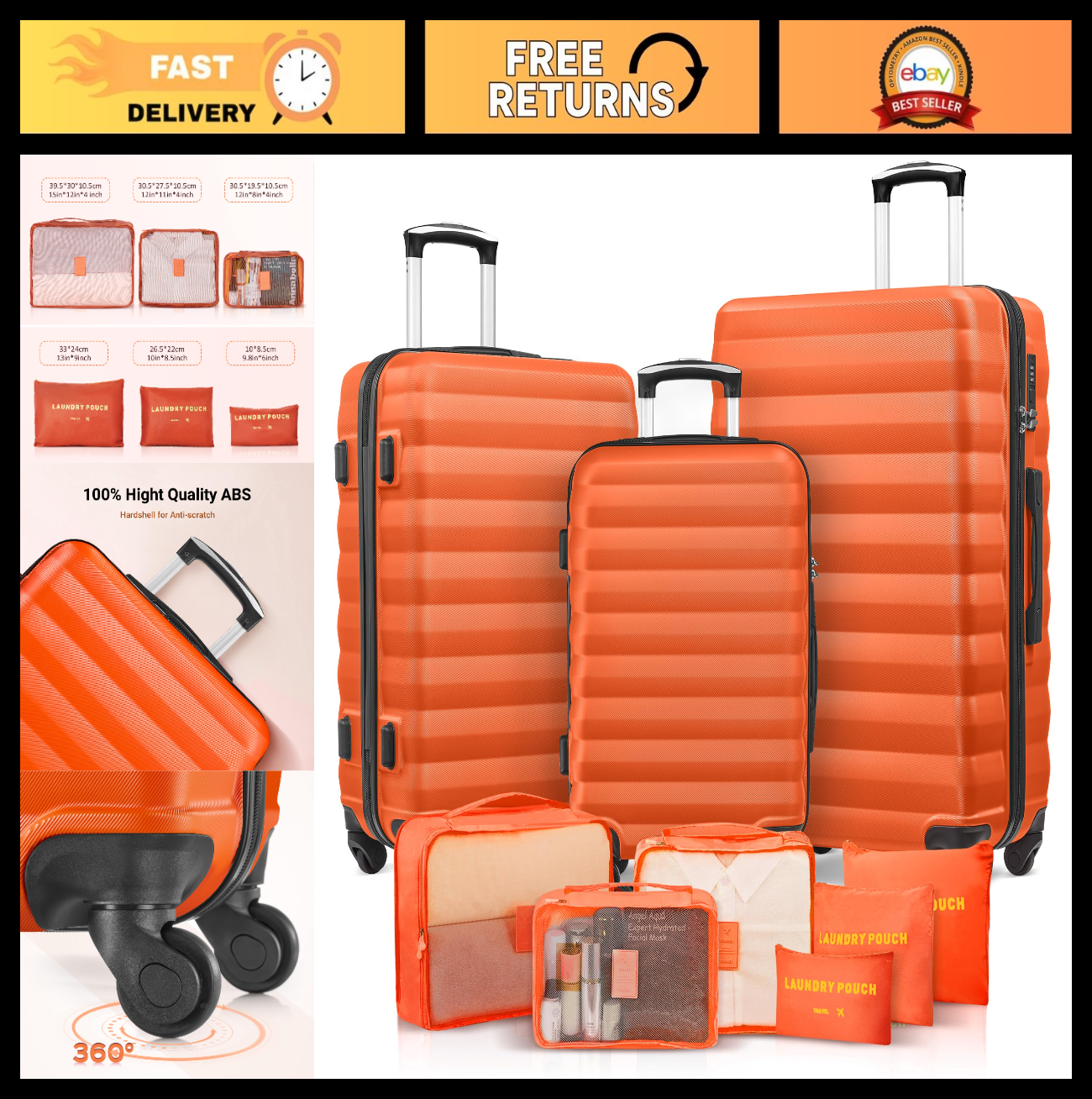 3 Piece Hardshell Luggage Set with Spinner Wheels & Lock - Travel Suitcases (20/0