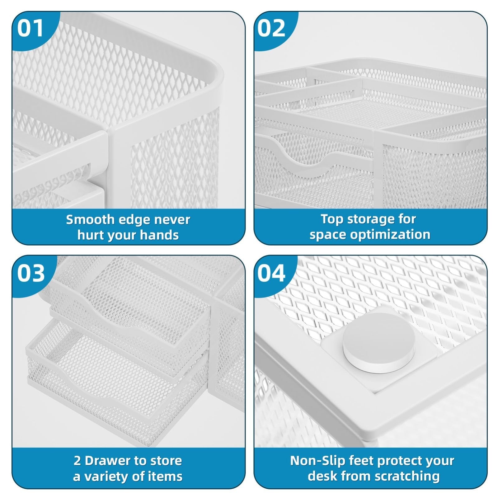 Multi Functional Mesh Desk Organizer with 2 Drawers, 5 Compartments, White Penci4