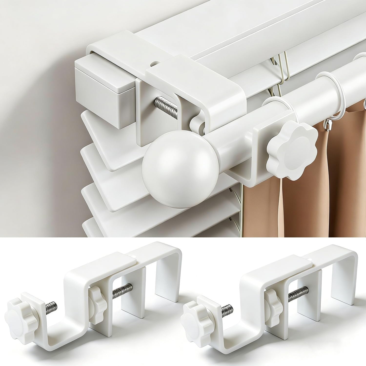No Drill Curtain Rod Brackets for Outside-Mount Blinds, Tool-Free, Renter Friend1