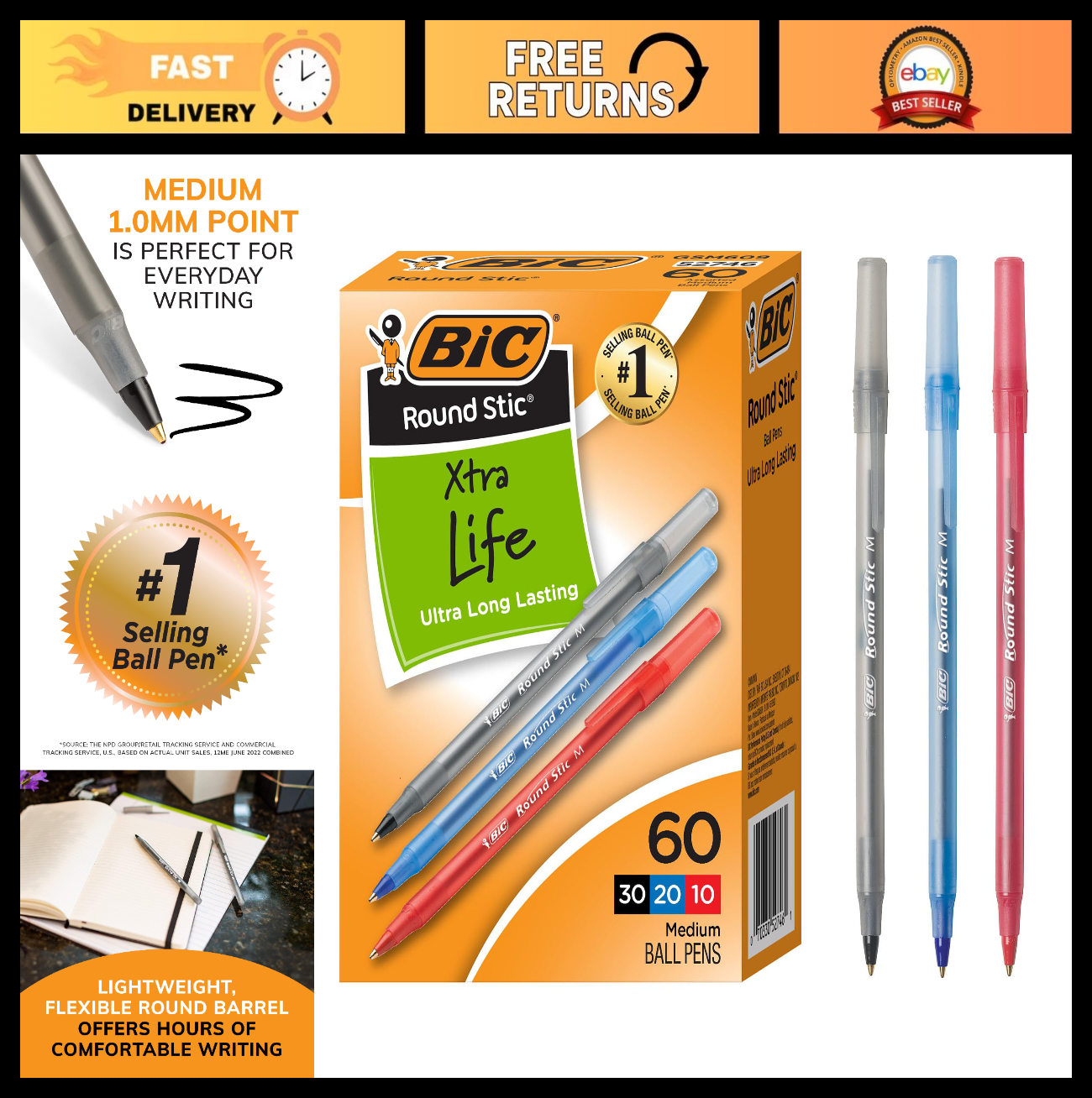 60 Count Ballpoint Pens, Assorted Ink, 1.0mm, Comfortable Grip, Translucent Barr0