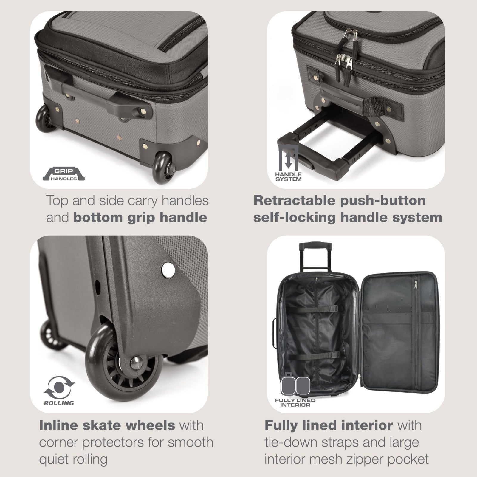 Lightweight Softside Rolling Carry-on Suitcase Set, 2-Wheel Travel Luggage, Grey3