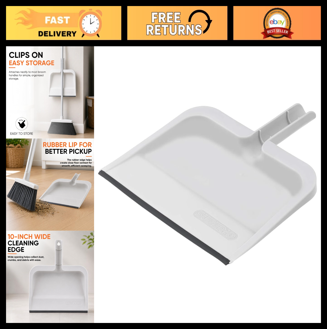 Durable 10-Inch Clip-On Dustpan with Rubber Lip & Comfort Grip Handle - White0