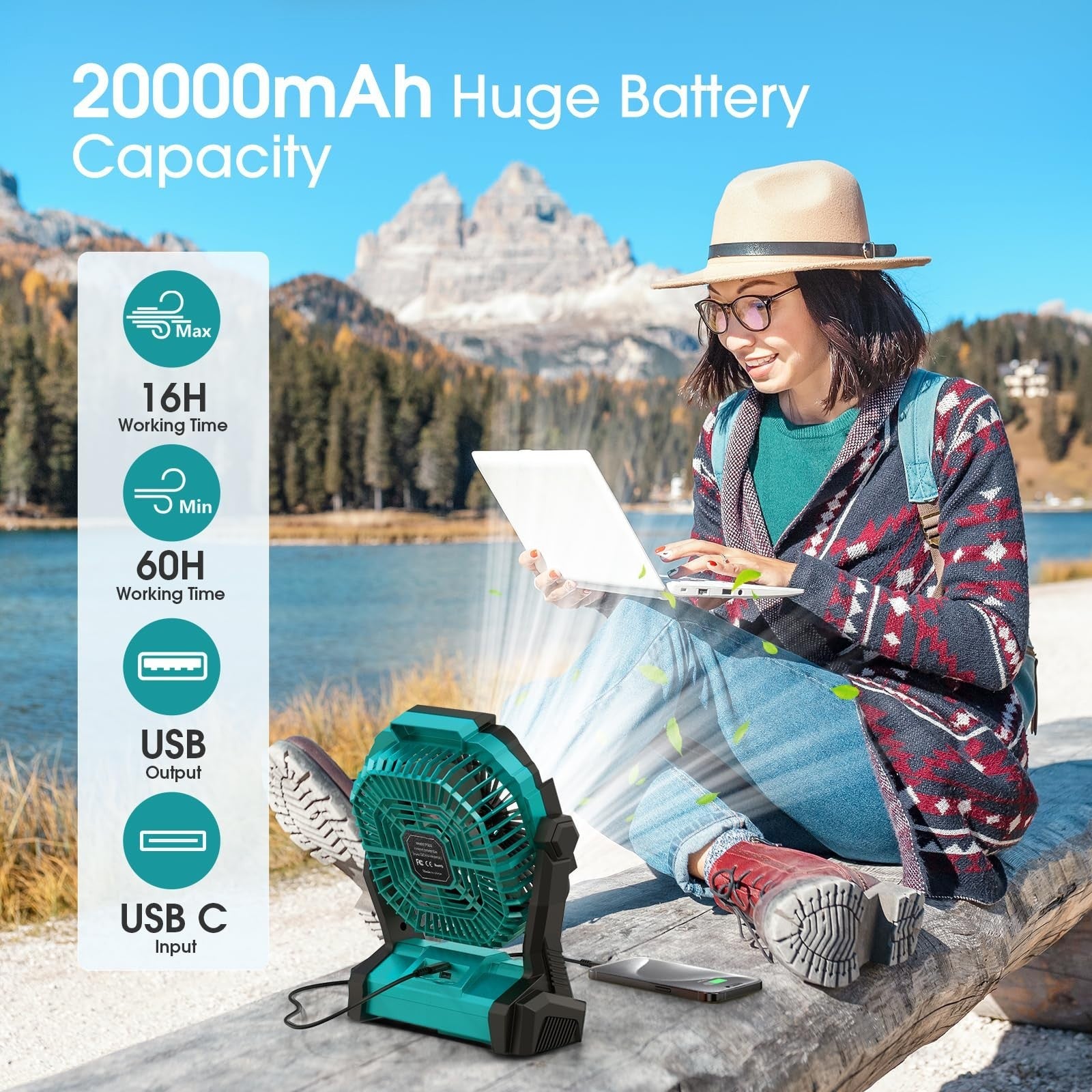 Rechargeable Portable Fan 20000mAh Battery Operated with LED Lantern for Travel,2