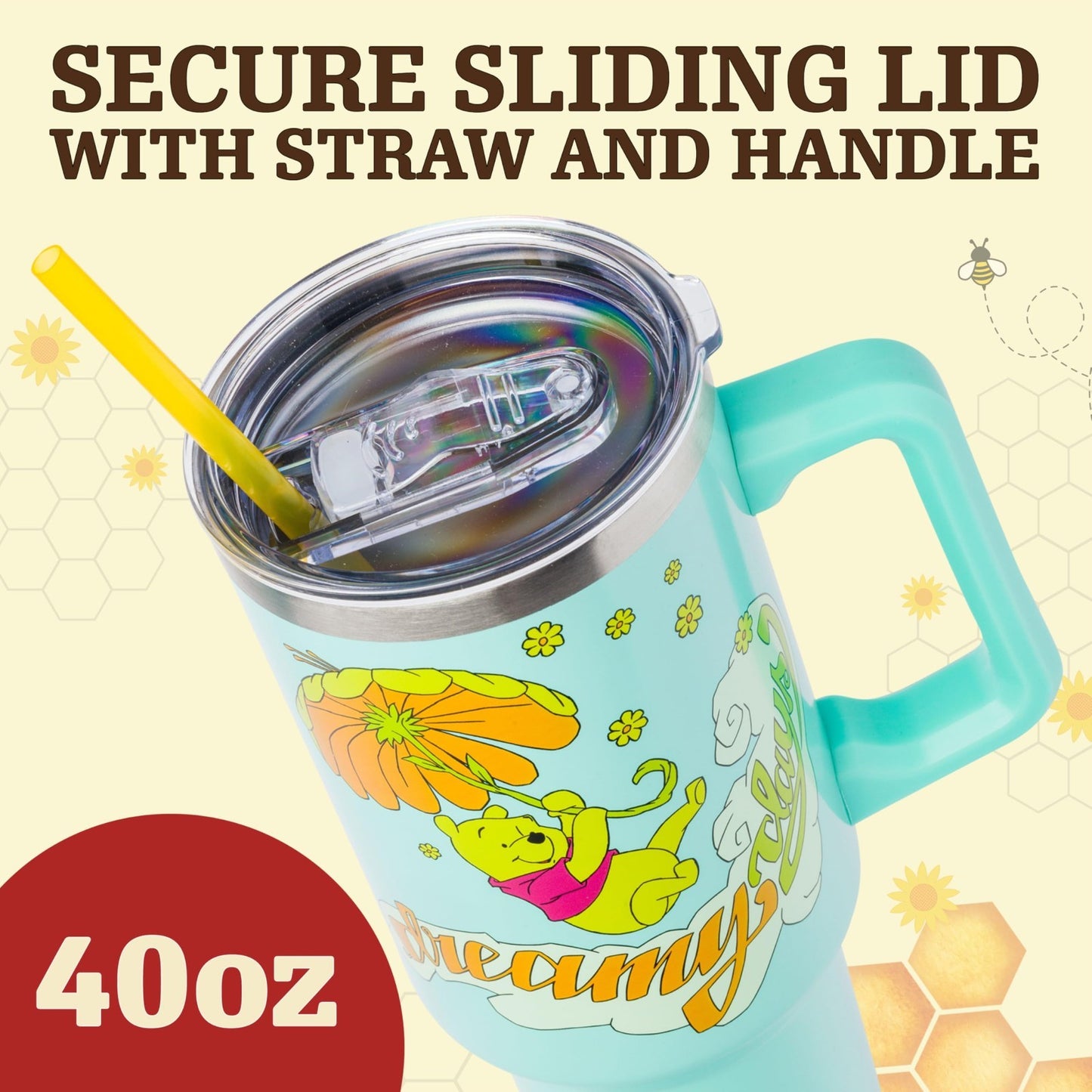 40oz Double Walled Stainless Steel Tumbler with Handle & Straw   Disney Pooh Art3
