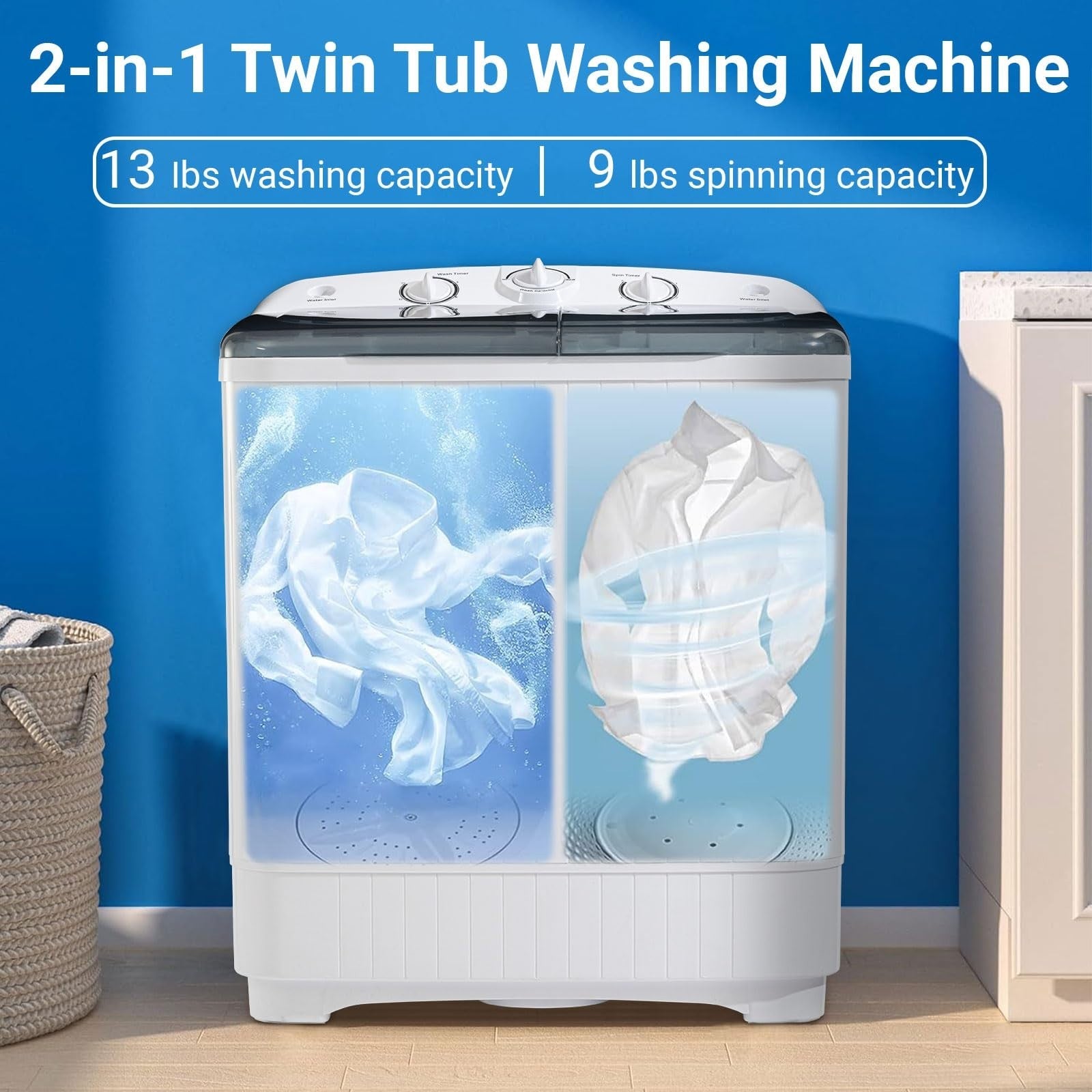 Portable Twin Tub Washing Machine 22 lbs with Drying Rack, Mini Compact Laundry4
