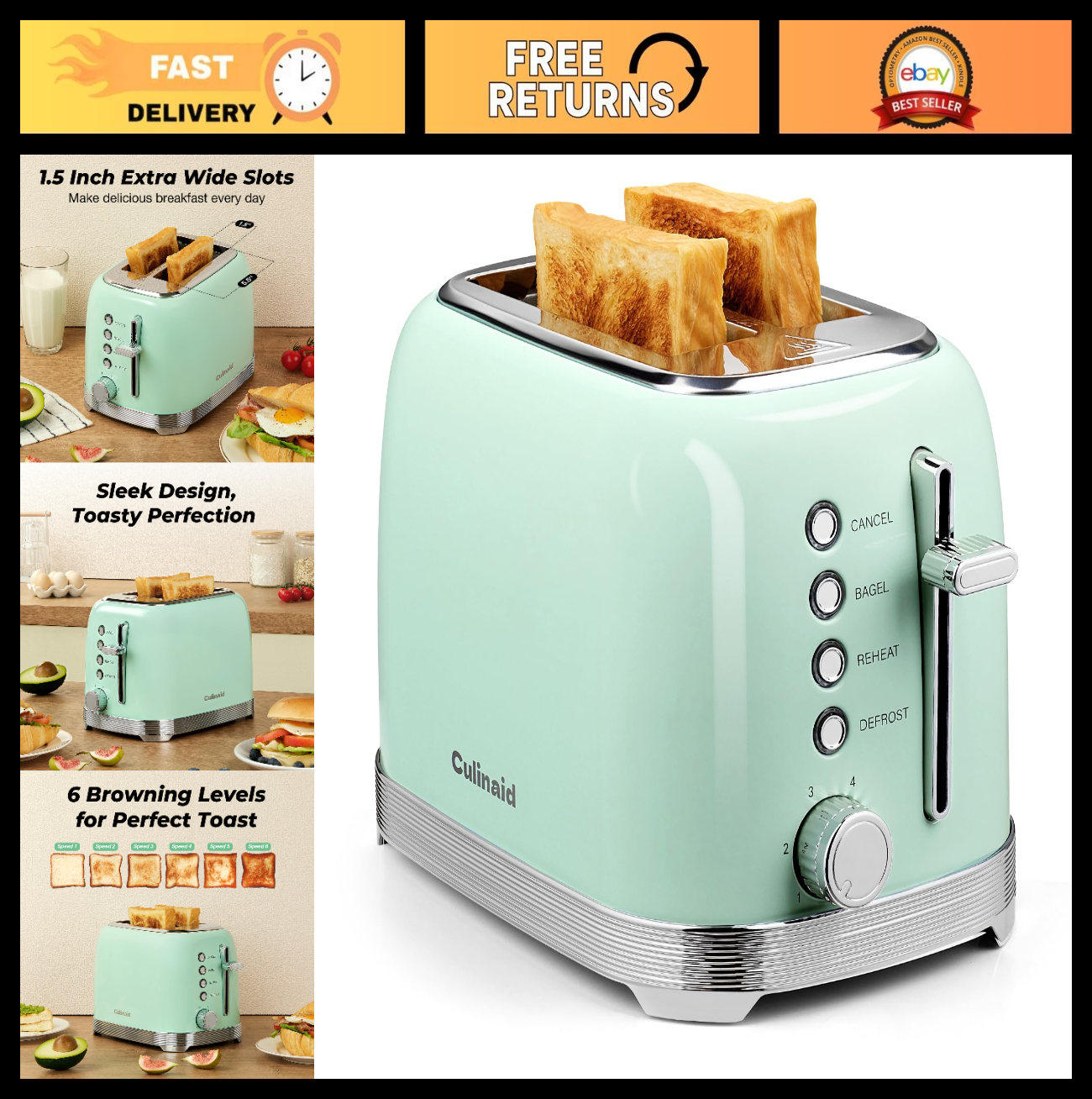 Retro 2 Slice Stainless Steel Toaster in Aqua Green   Compact & Stylish Design0