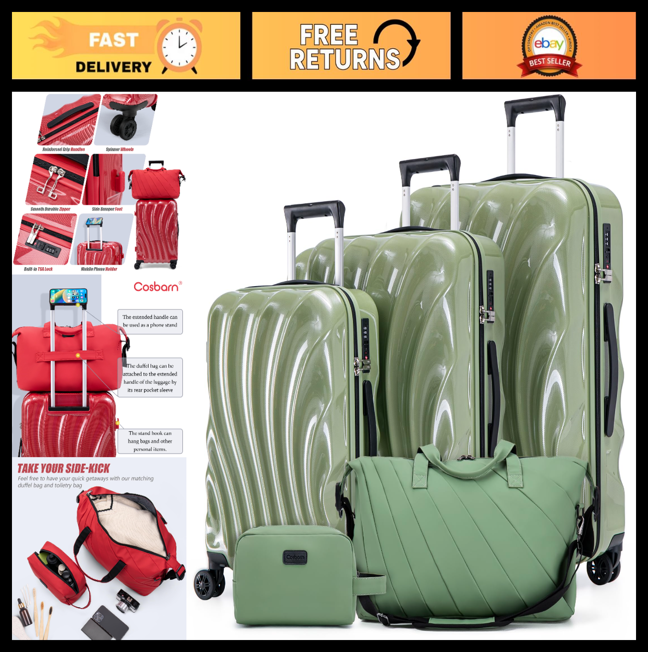 5-Piece Hardshell Luggage Set with Wheels, TSA Lock, Phone Holder, Durable Trave0