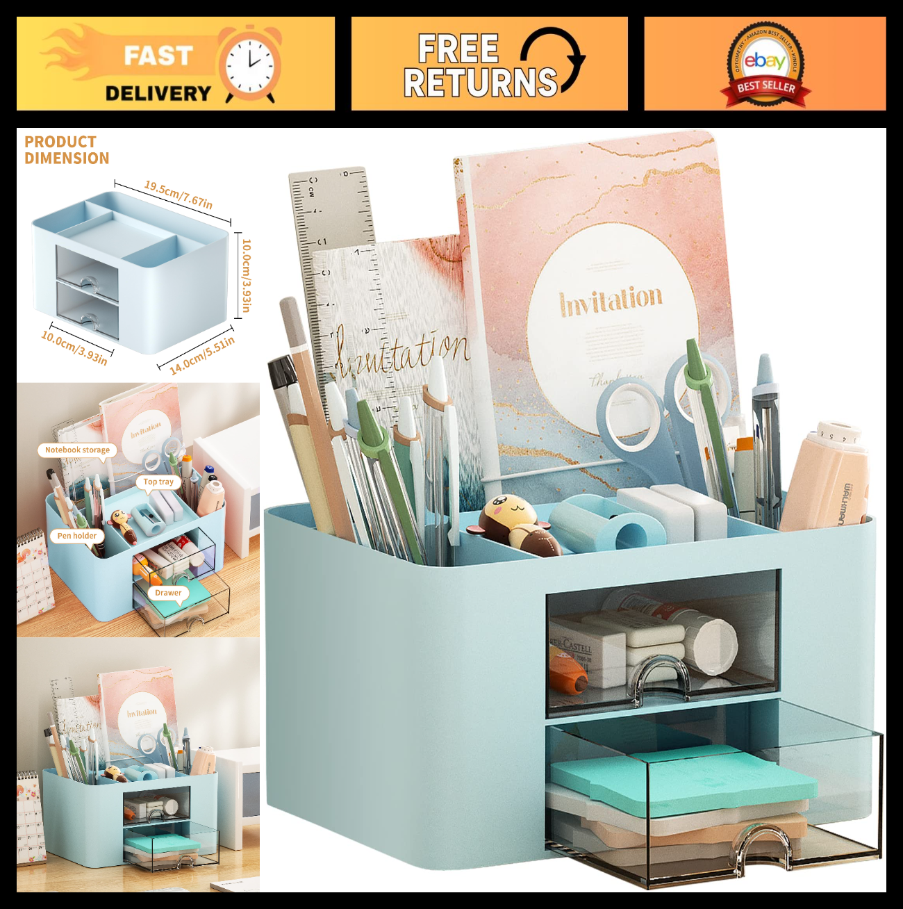 Multi Functional Desk Organizer with 2 Drawers, 5 Compartments, Pencil Holder, B0