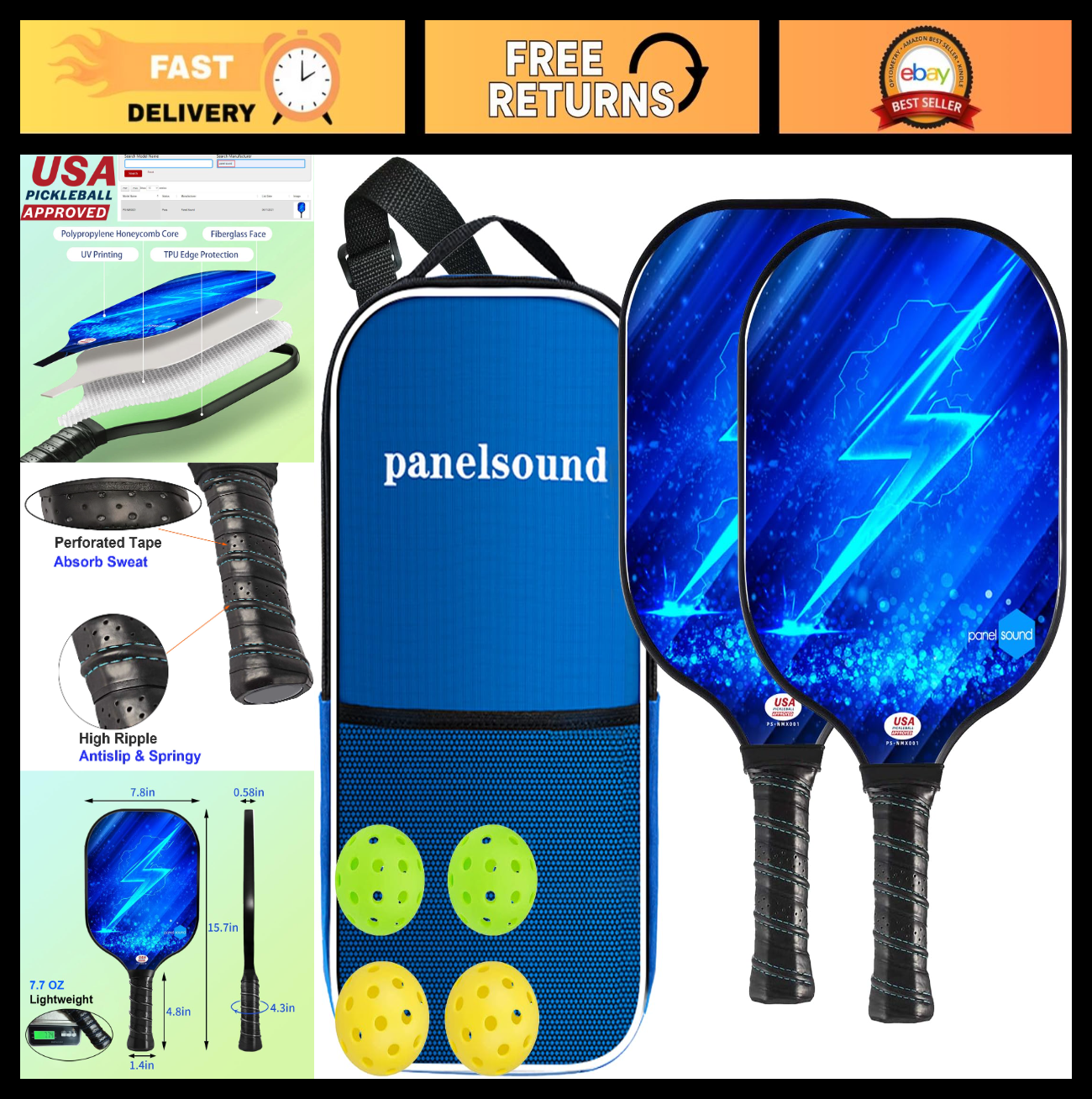 Pickleball Paddle Set of 2 or 4 - USAPA Approved Fiberglass Rackets + 4 Balls &0