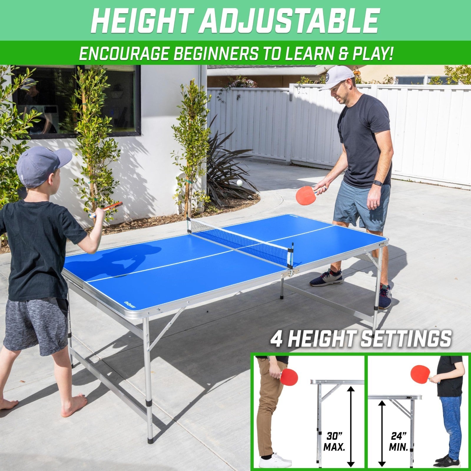 Adjustable Height 6x3 ft Table Tennis Table Set - Indoor/Outdoor Play - Green/Bl3