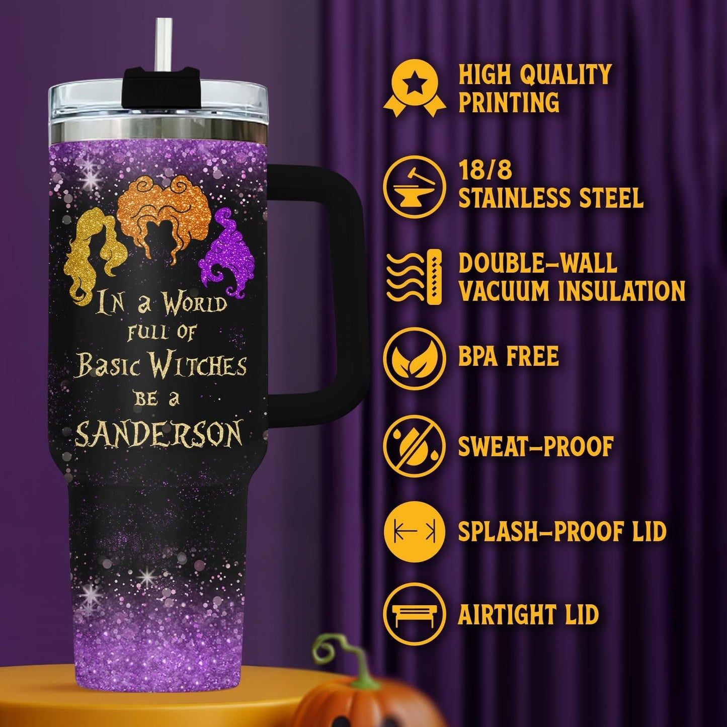 34oz Glitter Tumbler with Handle & Straw   Insulated Travel Mug for Coffee, Funn4