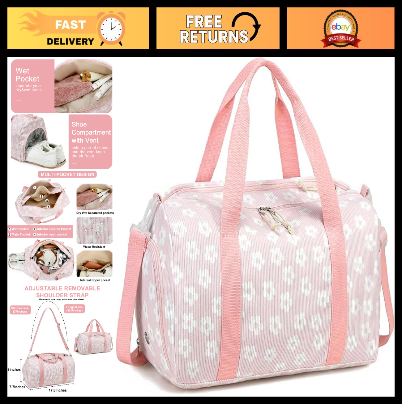 Cute Gym Duffle Bag for Girls - Waterproof Sports Overnight Bag with Shoe Compar0