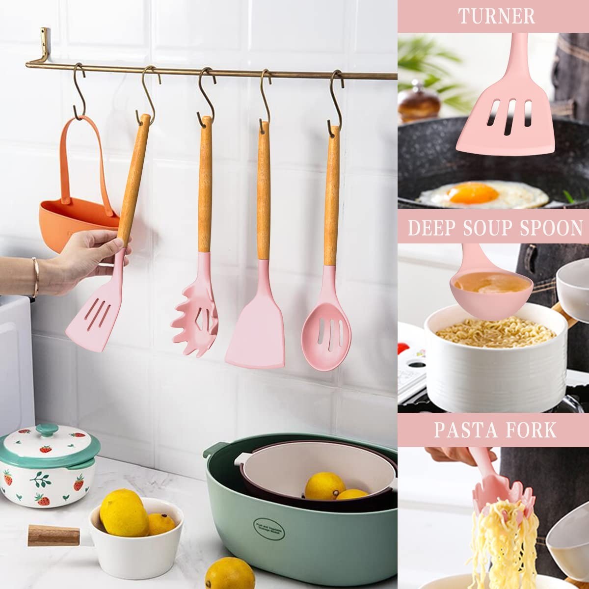 33 Piece Silicone Kitchen Utensils Set with Stand, Non Stick, Wooden Handle, Pin6