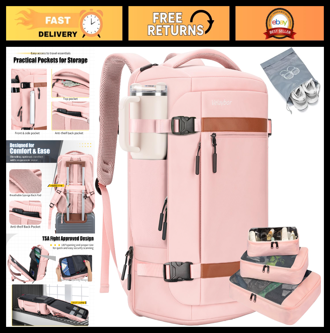 42L Travel Backpack with Packing Cubes, TSA Approved Carry-On, Water-Resistant,0