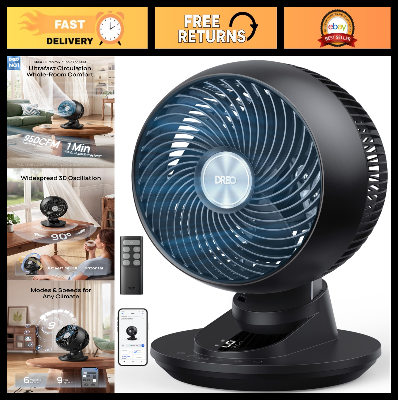 Powerful 12" Smart Desk Fan, 85 ft Airflow, Quiet 20dB, Oscillating, App/Voice C0