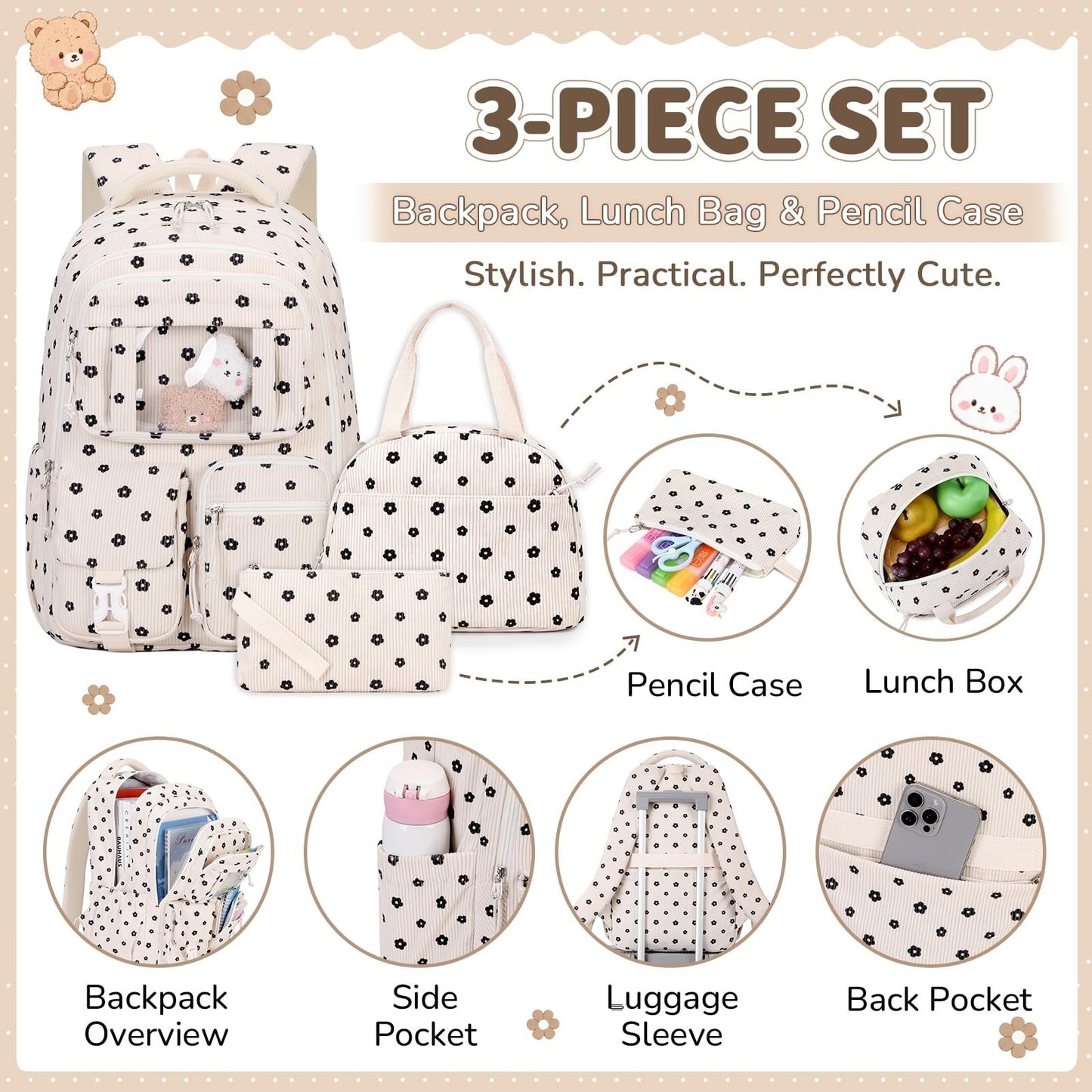 Kawaii Corduroy Backpack Set for Girls - 3PCS School Bag, Lunch Box & Pencil Cas3