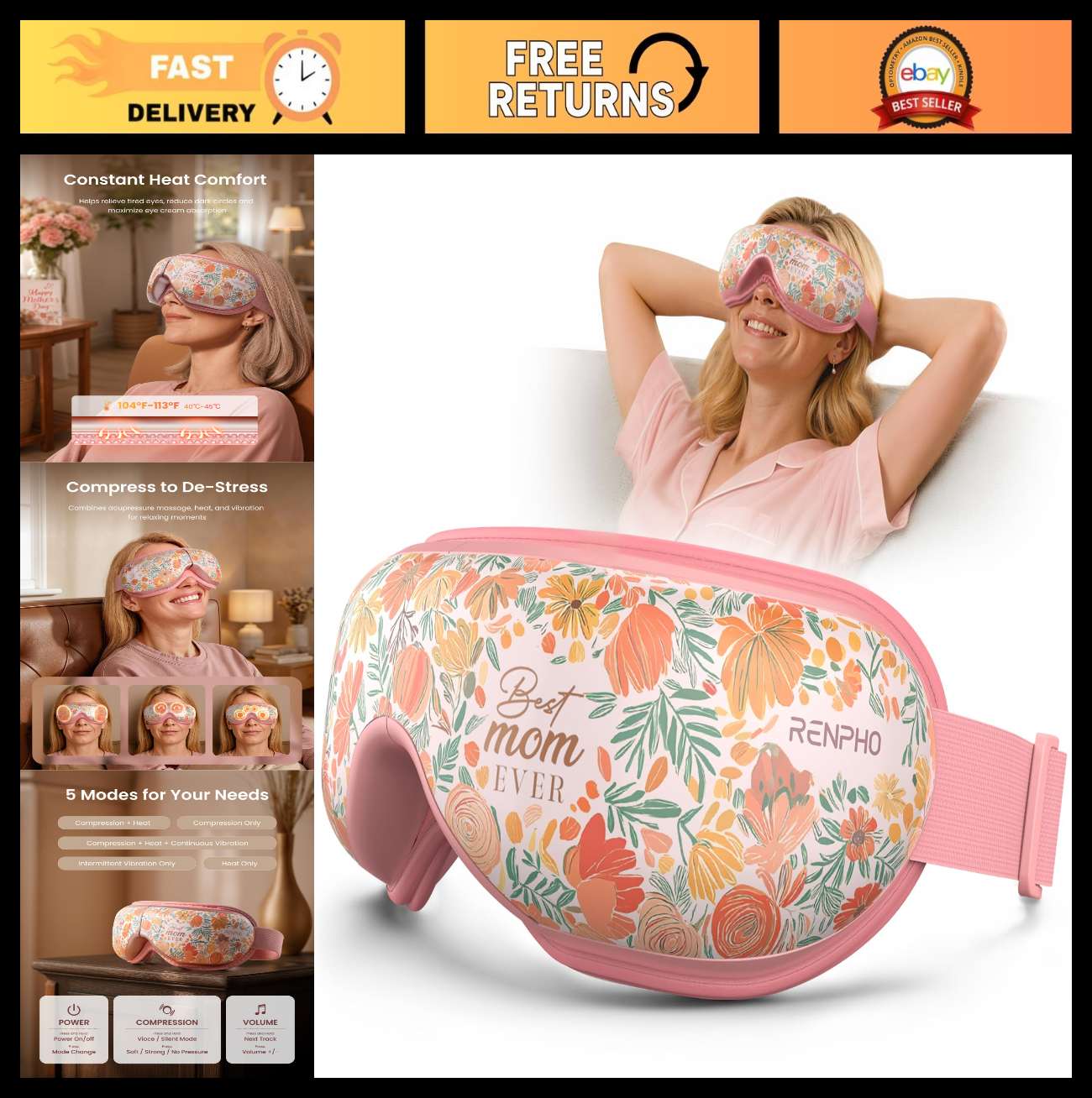 Heated Eye Massager with Vibration | Relieves Head Tension, Eye Strain, Dark Cir0
