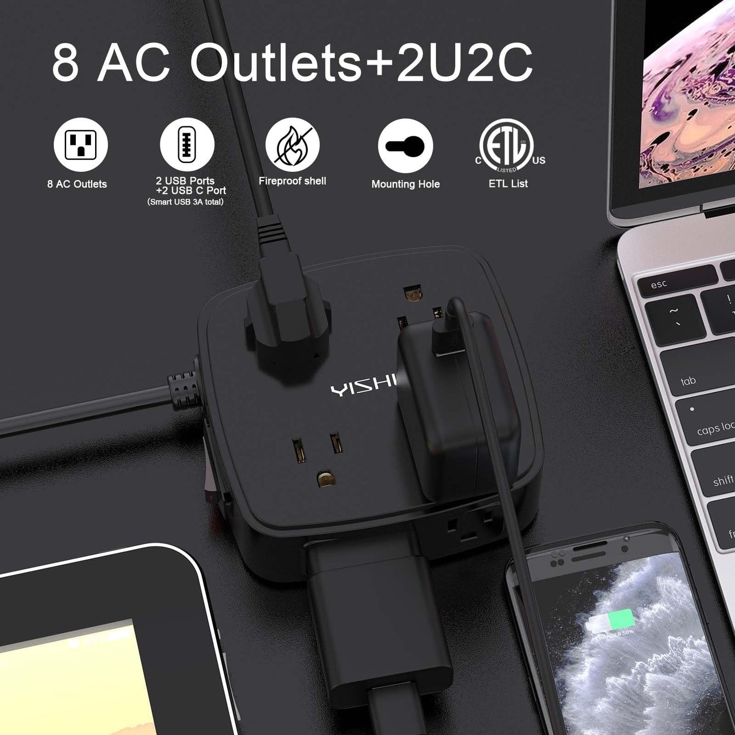 6ft Surge Protector Power Strip   8 Outlet Power Hub & 4 USB Ports, Flat Plug, W2
