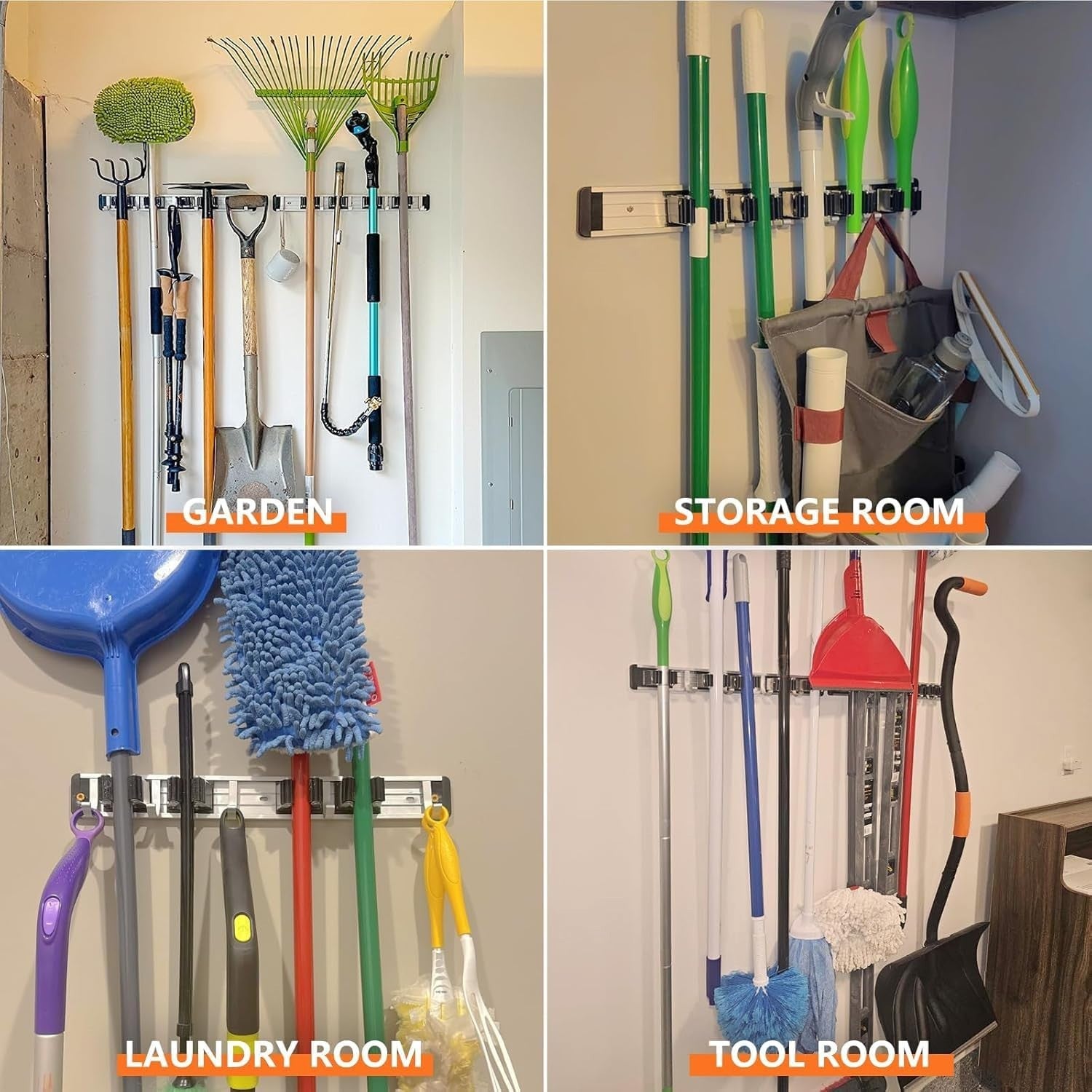 Wall Mount Broom Holder & Mop Hanger Organizer - 5 Racks & 4 Hooks Storage Solut5