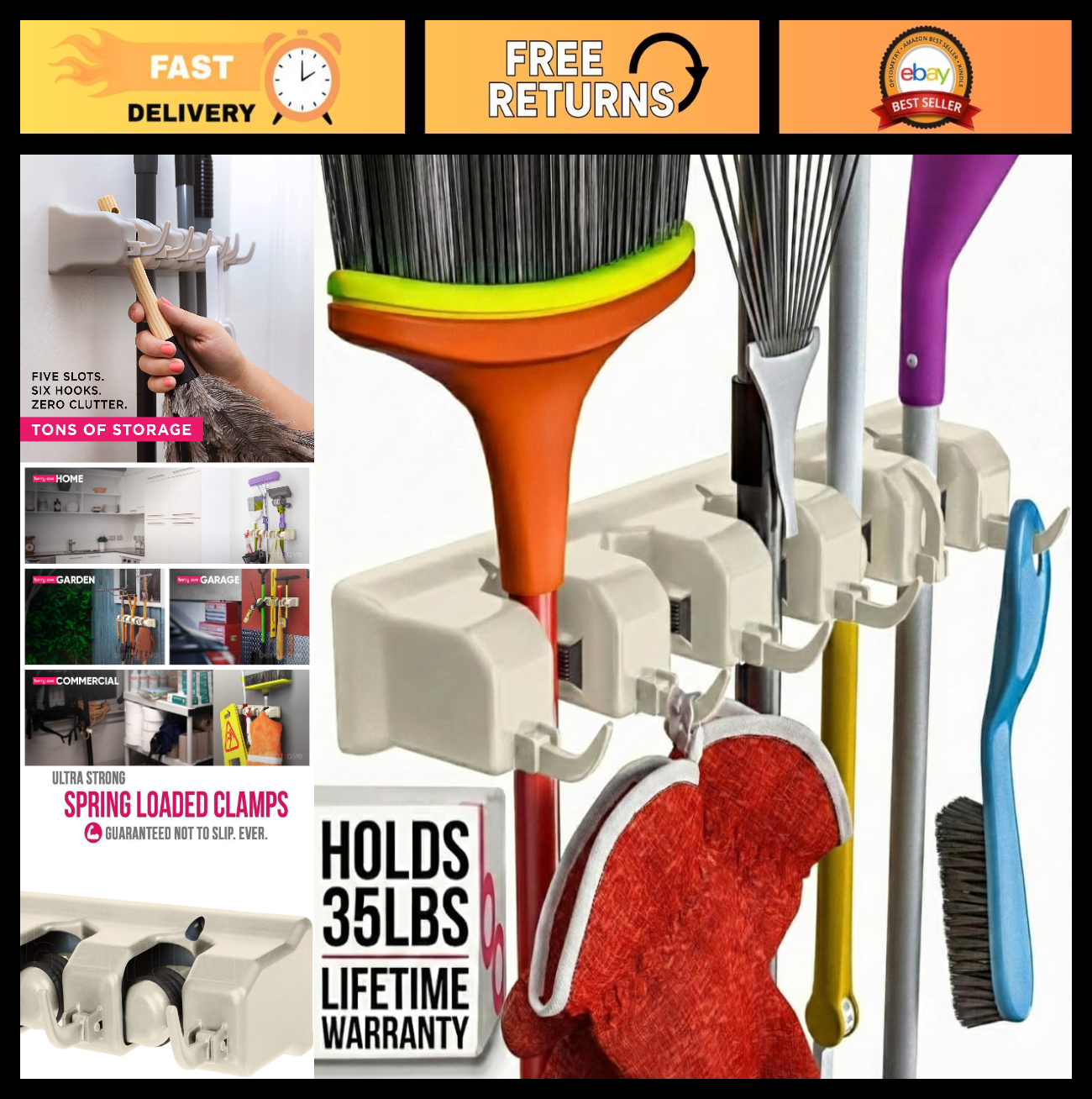 Wall Mounted Broom Holder & Mop Organizer Rack - 5 Slots, 6 Hooks for Garage, Ki0