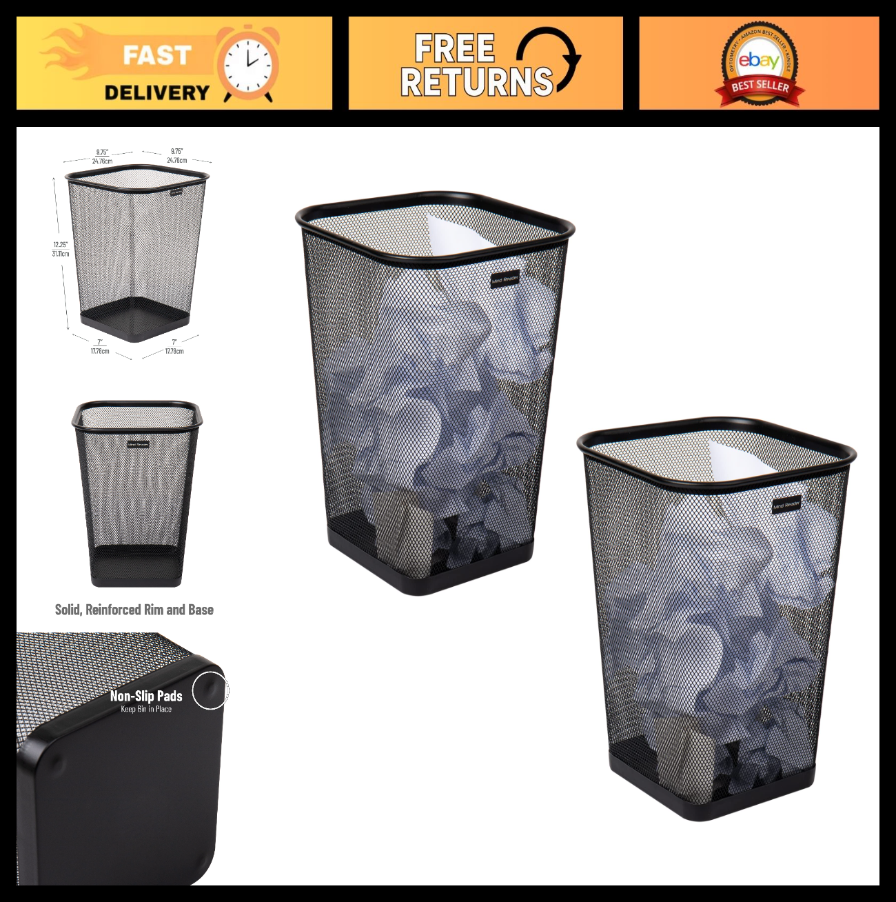 Square Metal Mesh Trash Can Set of 2 - Office Waste Paper Basket, Black 9.750